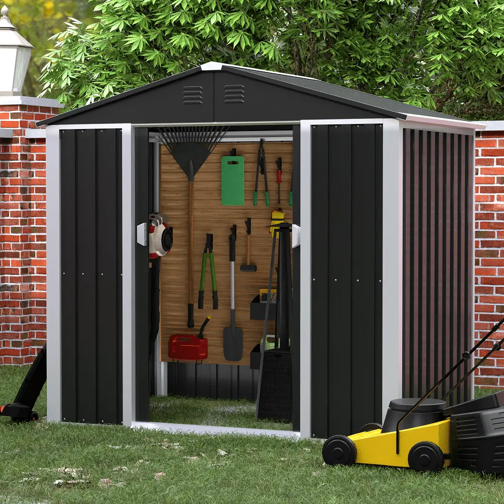 JAORD Metal Outdoor Storage Shed. Steel Utility Tool Shed Storage House with Sliding Door. Metal Sheds Outdoor Storage for Backyard Garden Patio Lawn (H6'xW6'x D4') Black&White