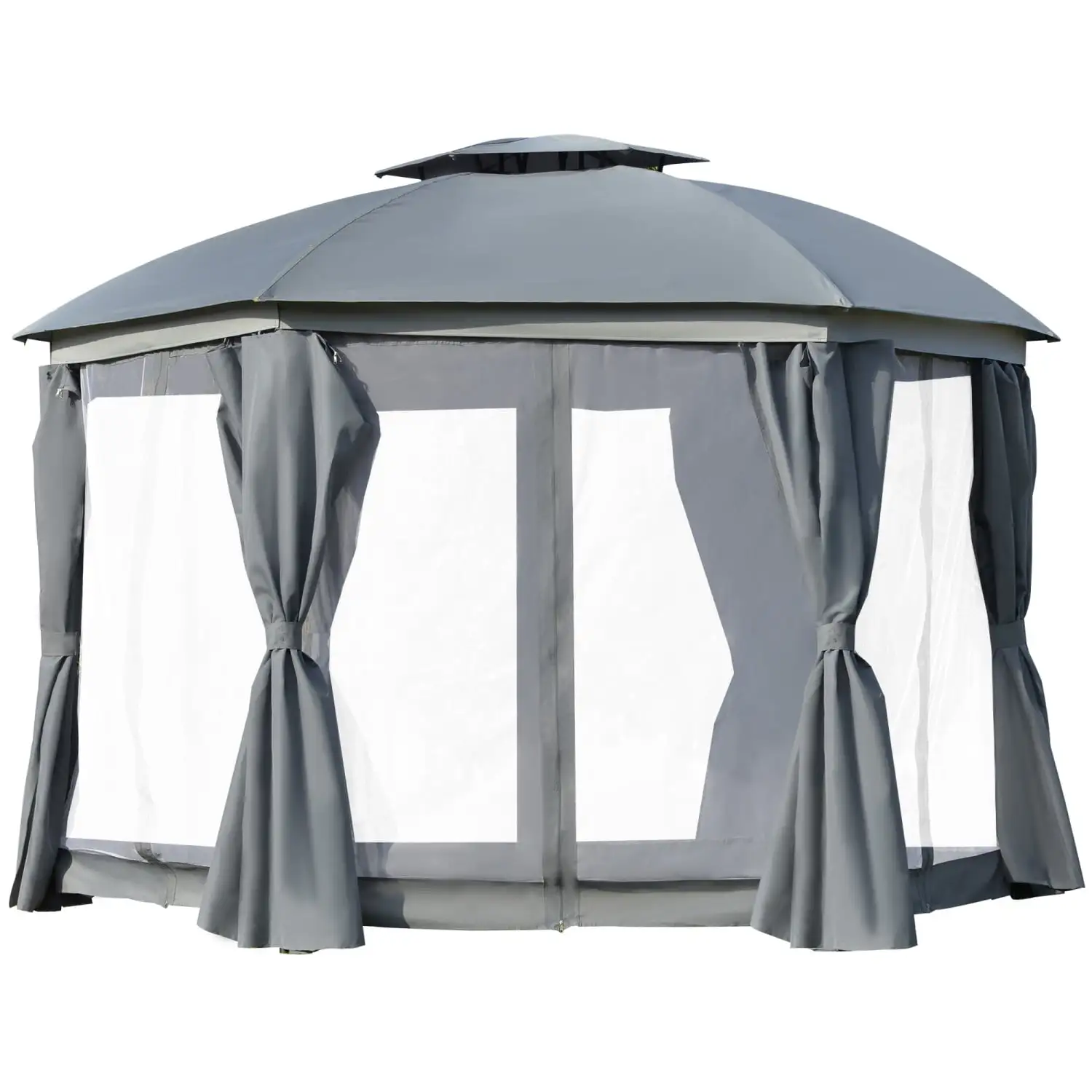 JHOOTUUO 12' x 12' Round Outdoor Gazebo Patio Dome Gazebo Canopy Shelter with Double Roof Netting Sidewalls and Curtains Zippered Doors Strong Steel Frame Grey