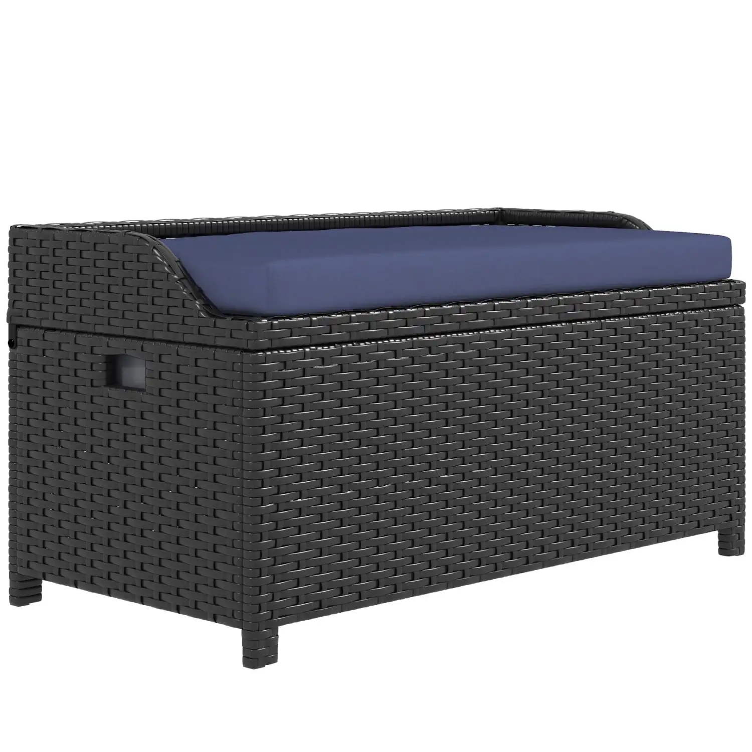 JHOOTUUO Outdoor Wicker Bench Deck Box PE Rattan Patio Pool Bin Container with Interior Waterproof Cloth Bag and Comfortable Cushion Navy Blue