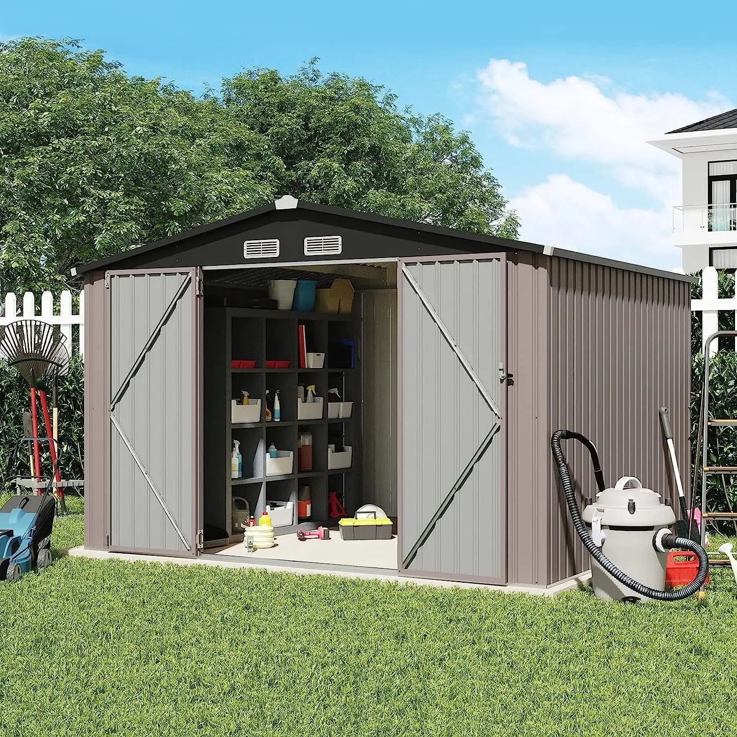 JOIVI Outdoor Storage Shed. 8'x10' Large Galvanized Steel Metal Garden Shed. Double Door W/Lock. Outdoor Storage House for Backyard. Patio. Lawn