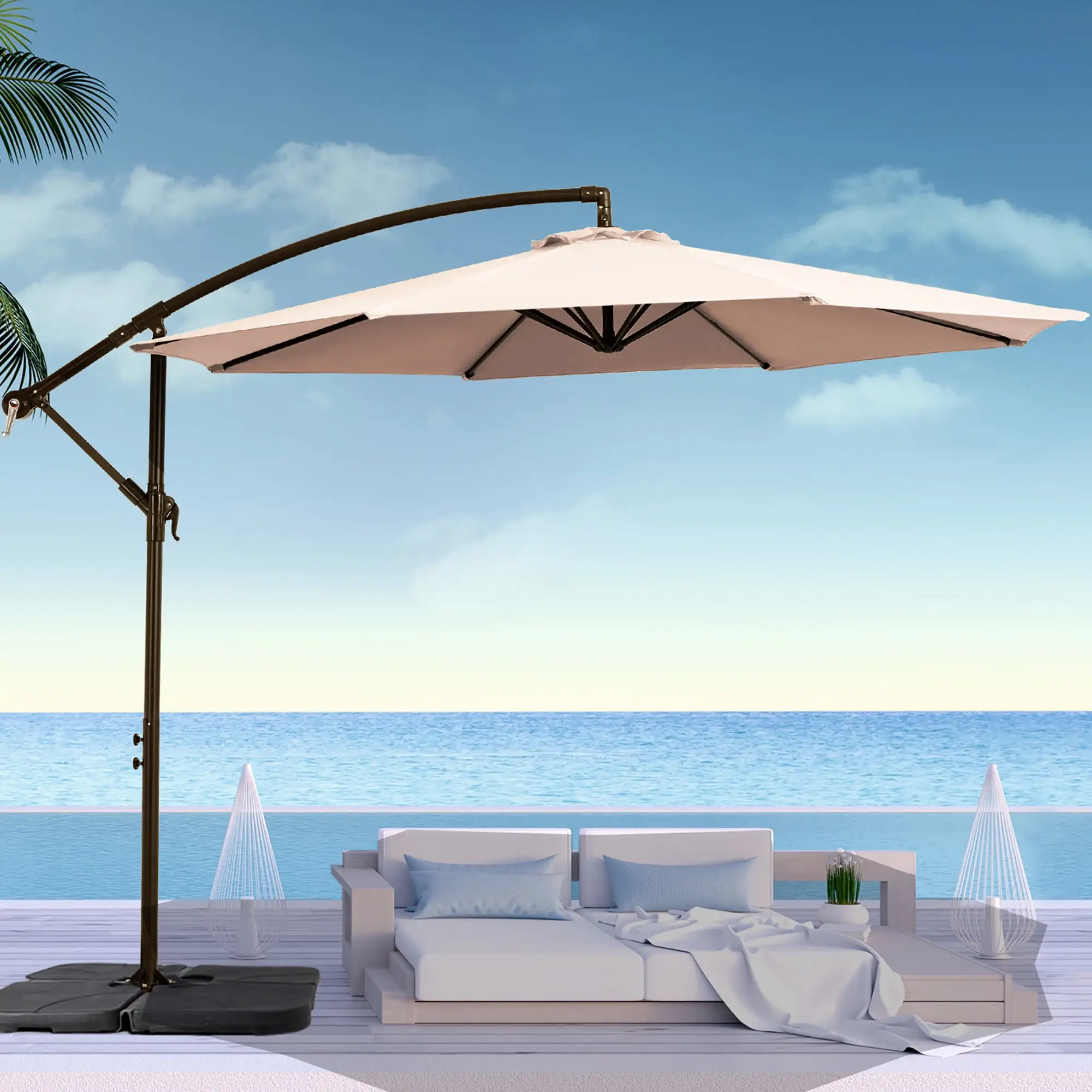 JUSTLET 10 ft Hanging Offset Cantilever Patio Umbrella W/ Weight Base. Beige