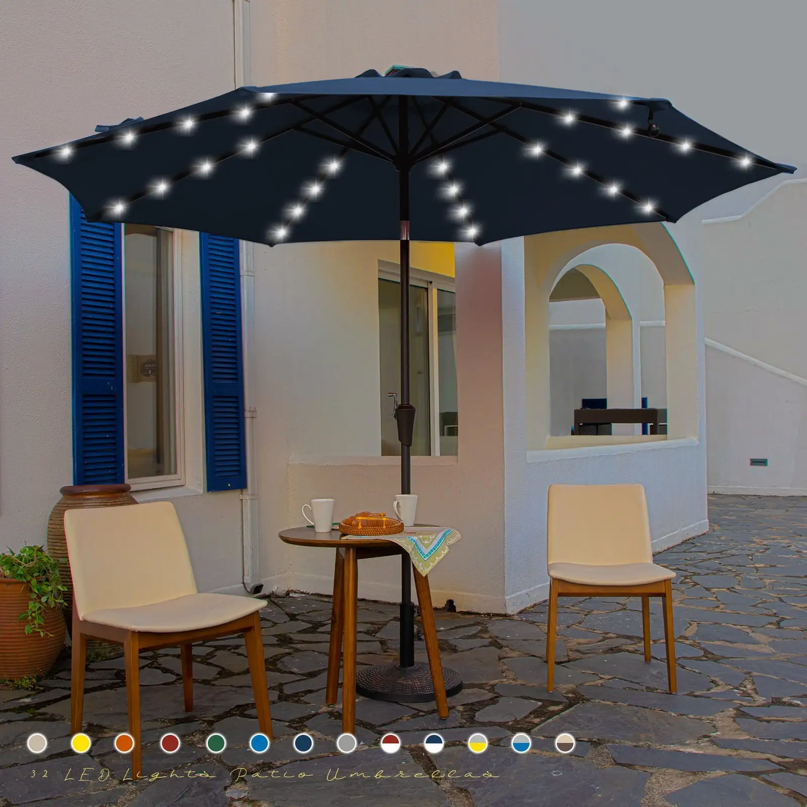 JUSTLET 10 ft Patio Umbrella for Table. Outdoor Sun Umbrella with LED Solar Lights. Navy Blue