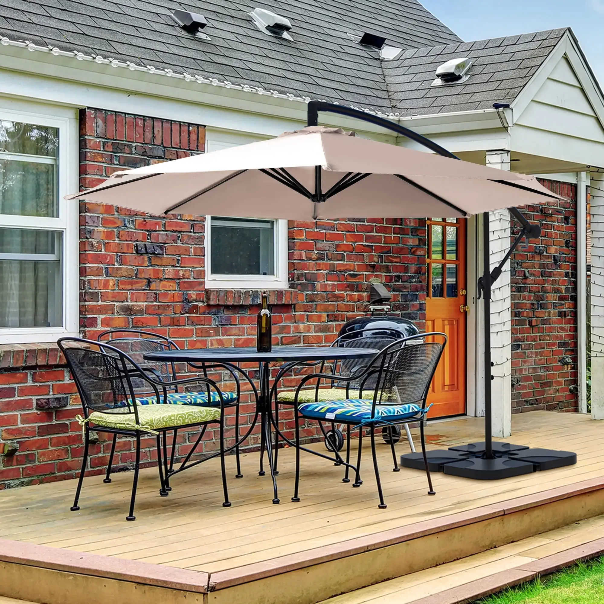 JUSTLET 10ft Heavy Duty Patio Hanging Offset Cantilever Patio Umbrella W/ 4-Piece Base Included Included. Beige