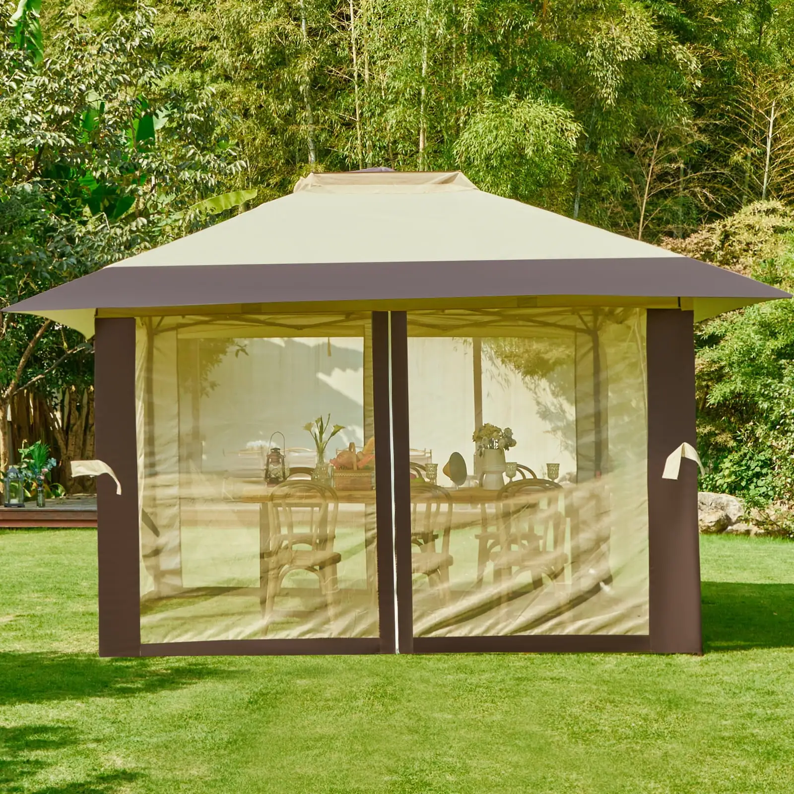 JUSTLET 13'x13' Double-Tiered Pop-up Square Gazebo Canopy Tent W/ Netting. Brown