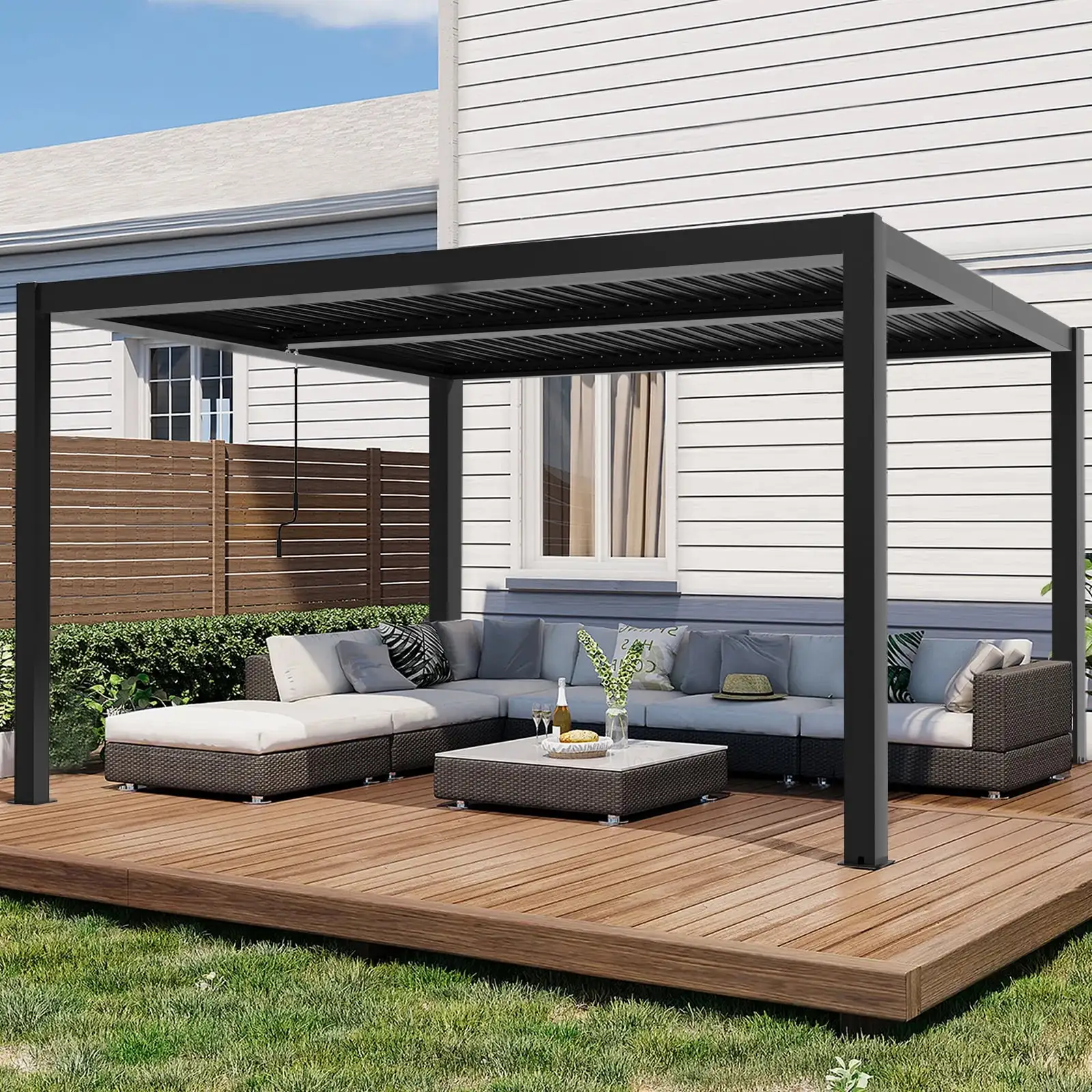 July Song Louvered Pergola.10'X13' Outdoor Pergola Gazebo with Adjustable Aluminum Rainproof Roof. for Deck Patio Garden Backyard. Matte Black