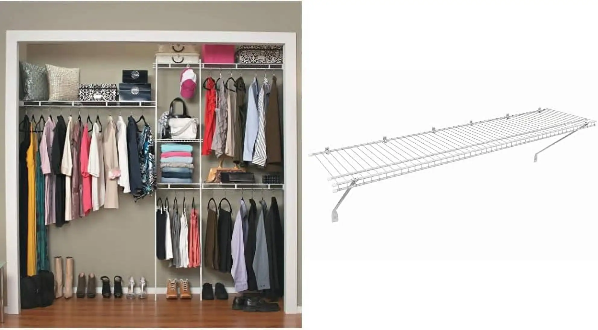 KUANGHENG 1628 Closet Organizer Kit. 5-Foot to 8-Foot. White & Wire Shelf Kit with Hardware. 4 Ft. Wide. for Pantry. Closet. Laundry. Utility Storage. White Vinyl Finish