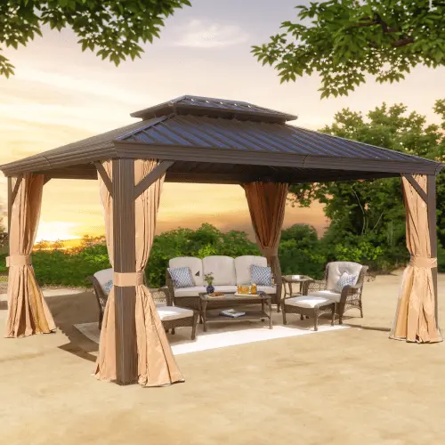 Kacho 10x12ft Hardtop Gazebo with Netting & Curtain. Outdoor Aluminum Canopy for Backyard. Patio. Garden w/Side Curtains. Mosquito Netting. Zippered Door. Brown