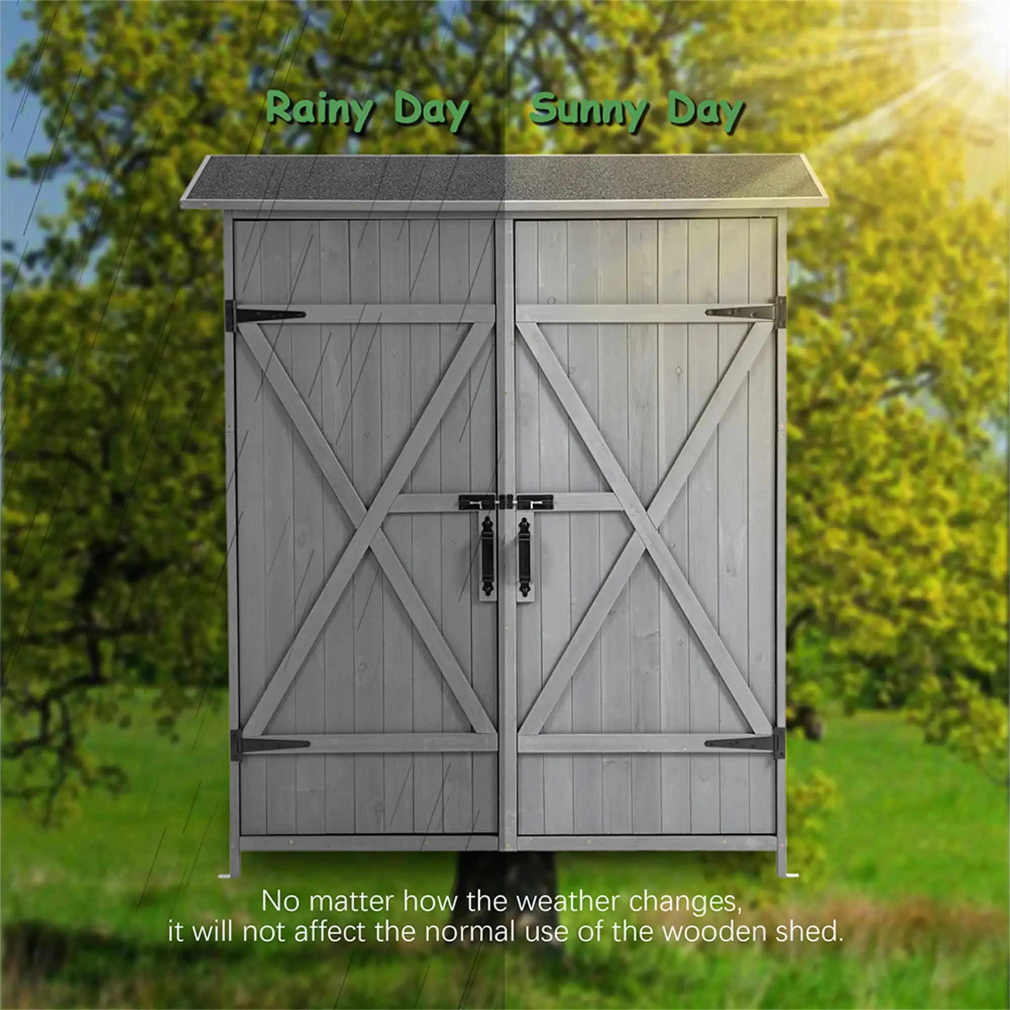 Kadyn Outdoor Storage Shed with Lockable Door. Wooden Tool Storage Shed with Detachable Shelves and Pitch Roof. Gray