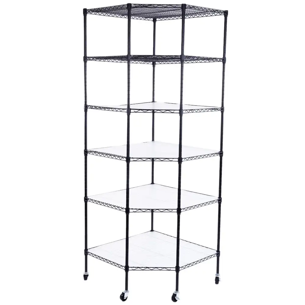 Kepooman 6-Tier Polygonal Corner Shelf. Metal shelf with 2 Wheels. Silver