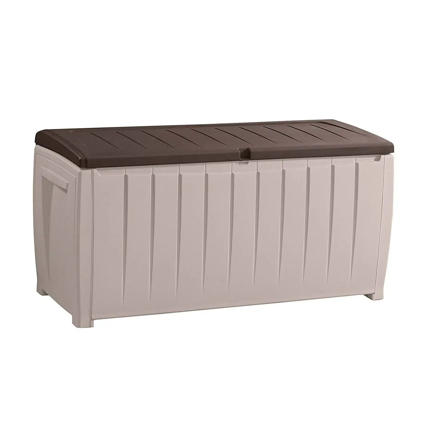 Keter Novel 90 Gallon Durable Weatherproof Resin Deck Box Organization and Storage for Outdoor Patio and Lawn. Brown