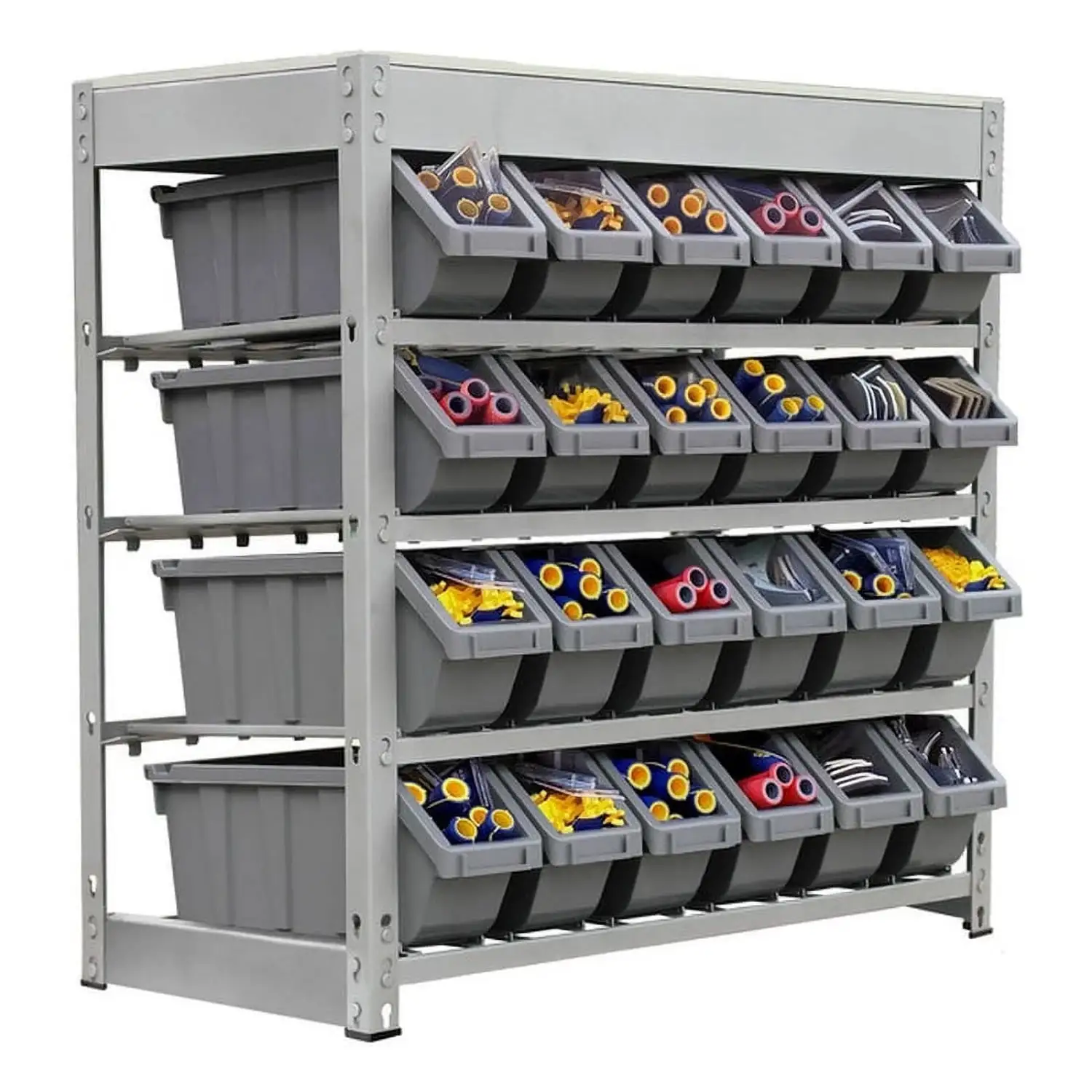 King's Rack 4-Tier Metal Organizer Shelving Rack with 24 Bins in Gray