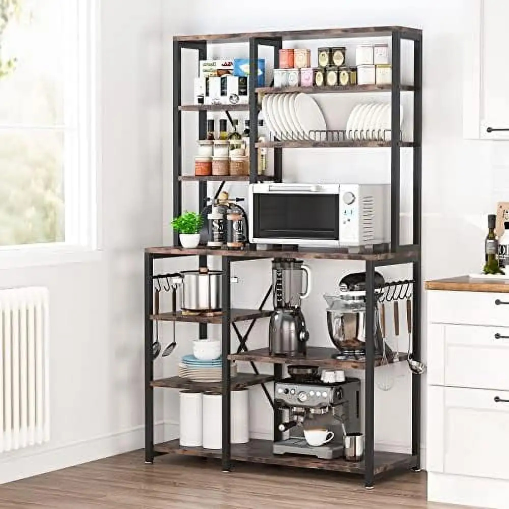 Kitchen Baker's Rack 5-Tier+6-Tier Kitchen Utility Shelf Table with 10 S-Shaped and Metal Frame Workstation Organizer Shelf 39.3 x 15.7 x 66.9 Inches (Full Black)