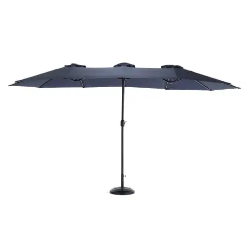 Kumji 15FT Patio Umbrella with Crank. Double Sided Outdoor Umbrella Rectangular. Easy Push Button. Tilt. Sturdy Ribs UV Protection Waterproof for Garden. Deck. Backyard. Stand Included. Blue