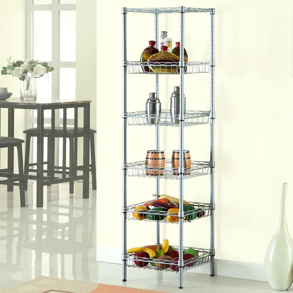 LANGRIA 6 Tier Wire Shelving Unit Organization and Storage Rack with 5 Hooks.Silver