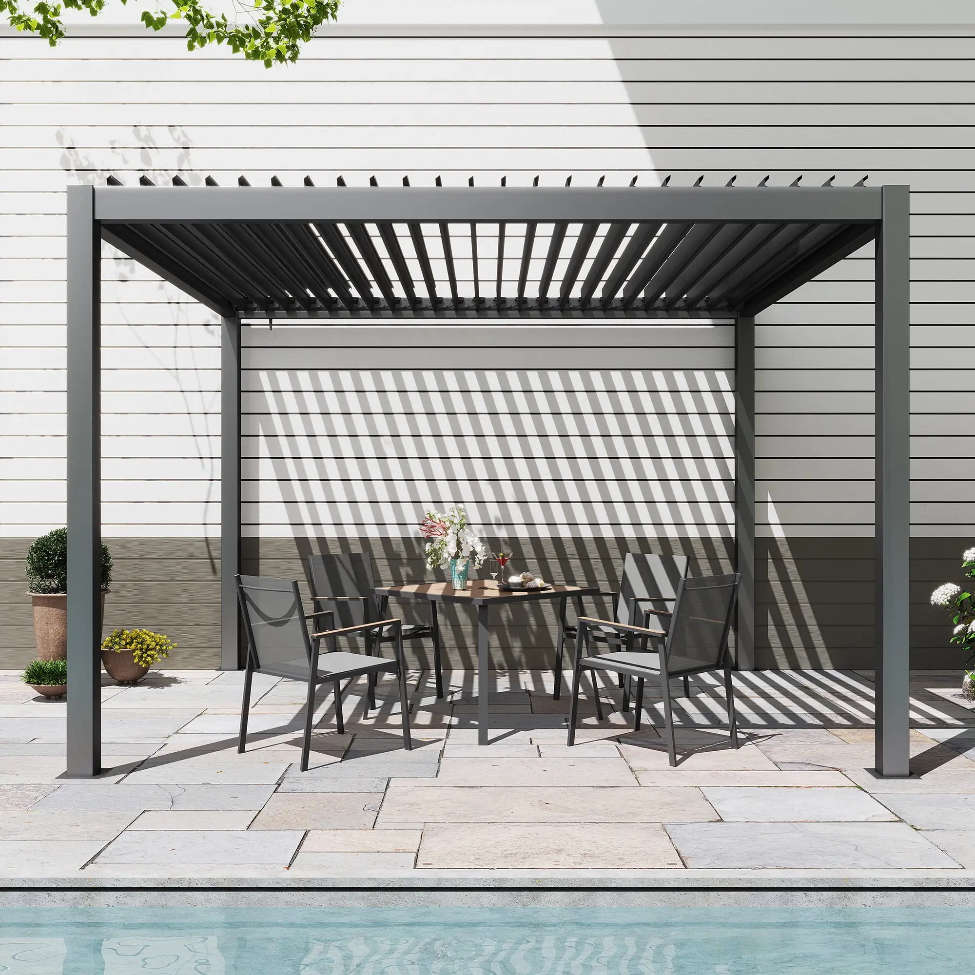 LAUSAINT HOME 10'x13' Outdoor All-Aluminum Louvered Pergola Shade with Integrated Gutter & Adjustable Roof. Black