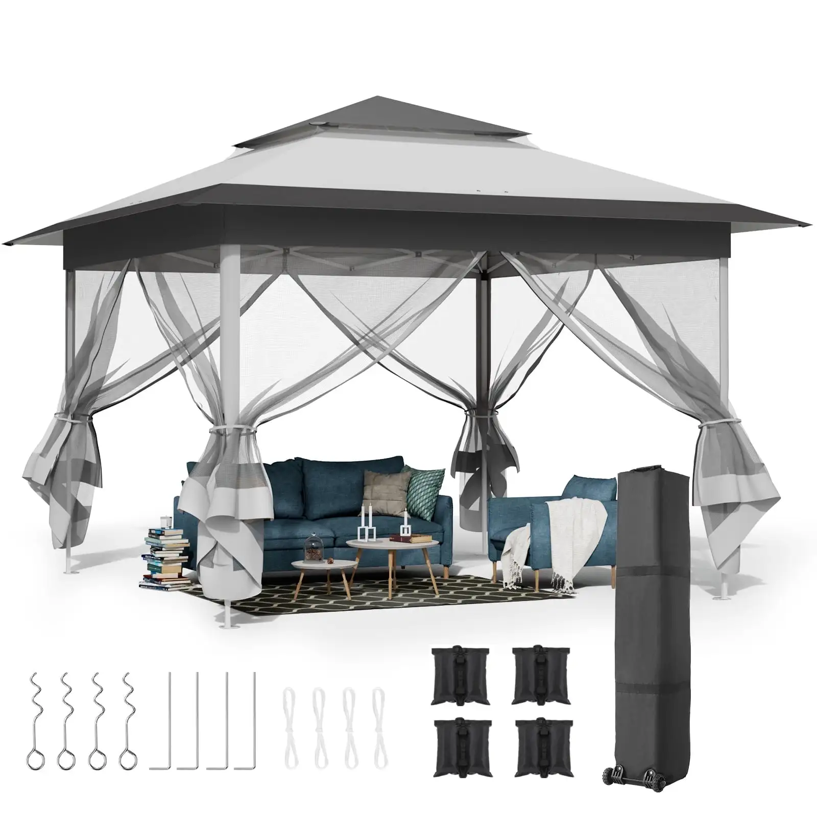 LAZY BUDDY Pop Up Gazebo. 11' x 11' Outdoor Instant Canopy Tent Patio Canopy Tent Shelter with Mesh Walls and Wheels Bag. Gray