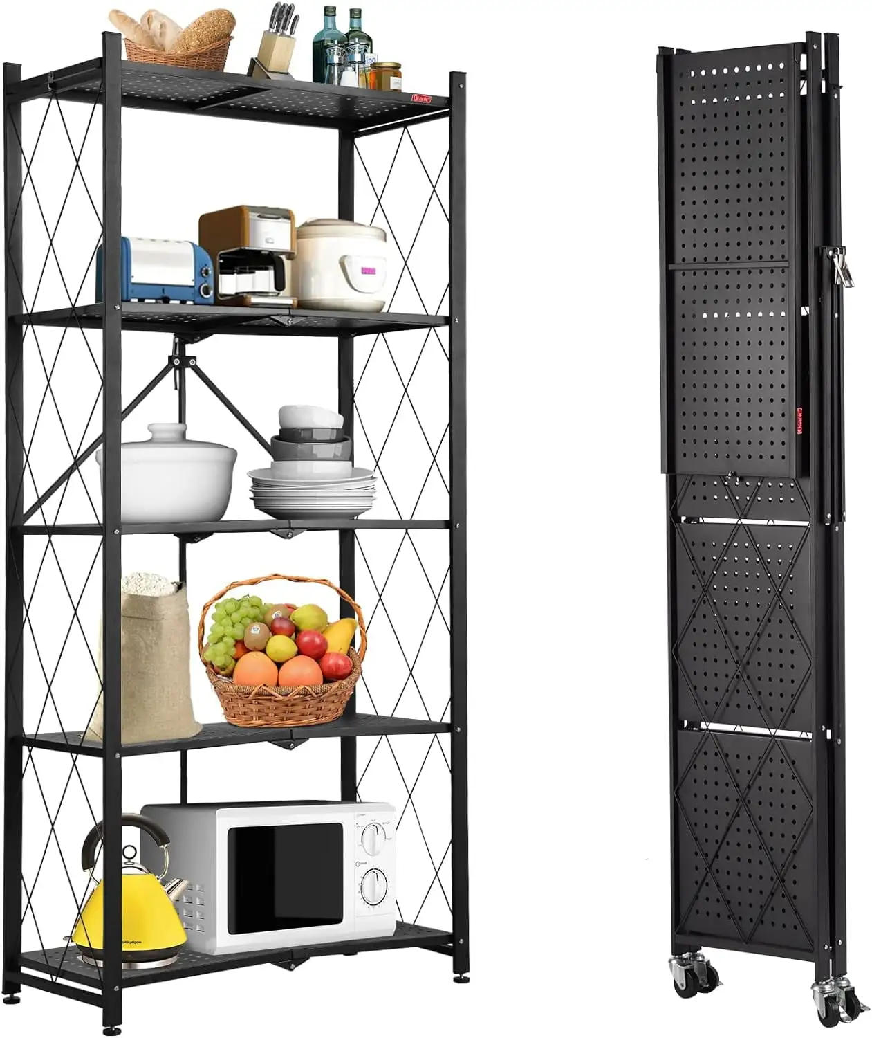 LISUEYNE 5 Tier Storage Shelving Unit. Foldable Metal Shelf. Garage Shelving Units. No Assembly Storage Rack for Garage. Kitchen. Basement.S torage Shelves with Wheels. Black