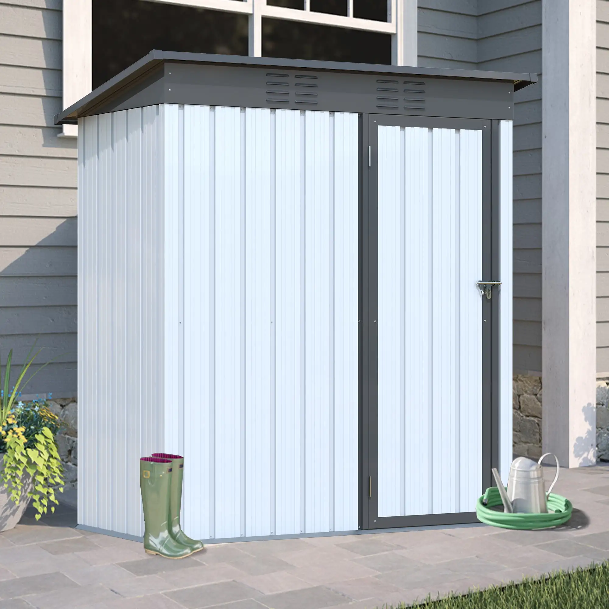 LZBEITEM 5' x 3' Outdoor Storage Shed. Metal Sheds. Garden Tool Shed with Sloped Roof & Lockable Door .White