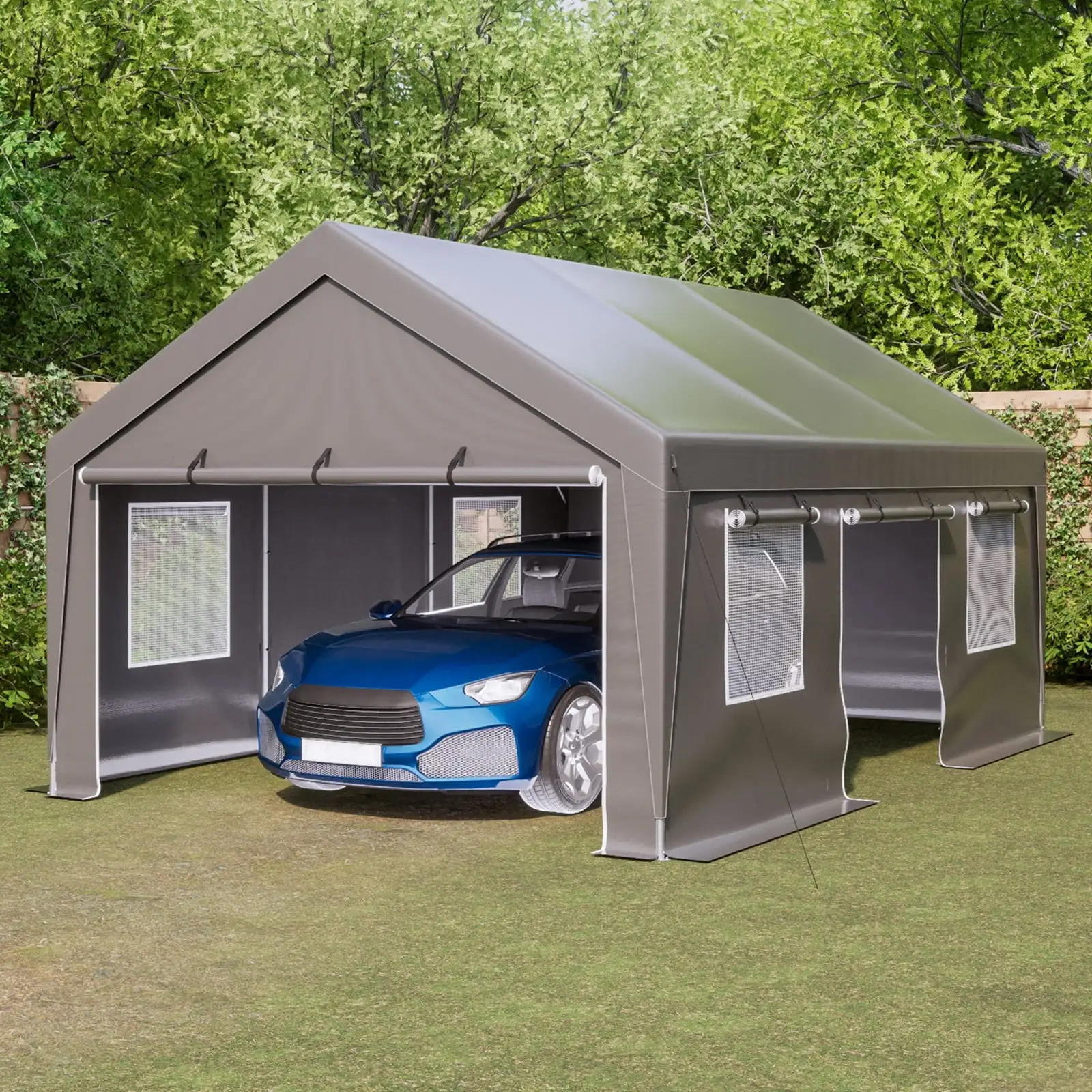 LZBEITEM Carport. 13' x 20' Heavy Duty Carport with Roll-up Sidewall and Ventilated Windows. Portable Outdoor Garage for Car. Truck. SUV. Boat. Car Canopy with All-Season Tarp. Gray. Height 9.8'