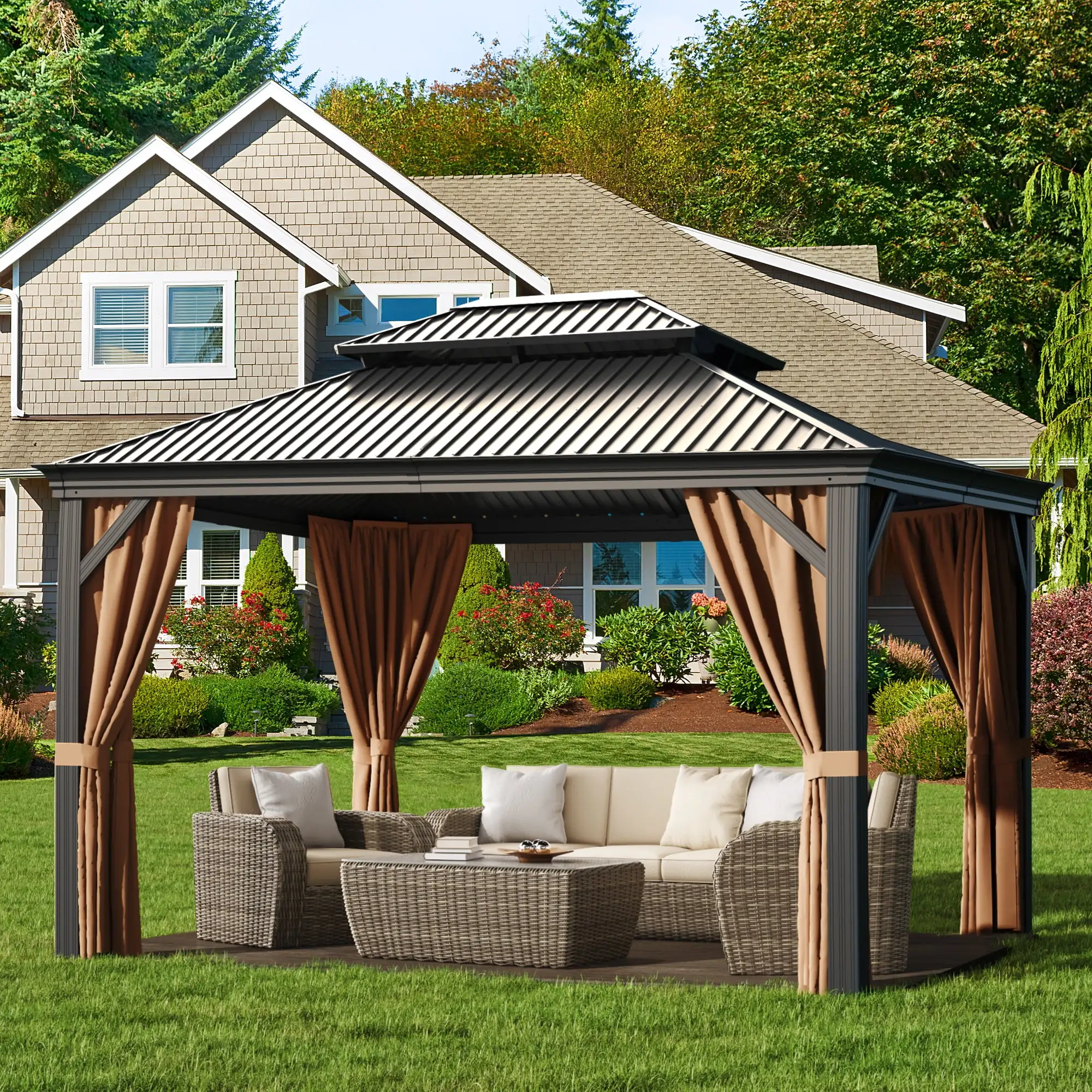 Lacoo 10' x 12' Hardtop Gazebo Outdoor Galvanized Steel Metal Double Roof Canopy Aluminum Furniture Permanent Pavilion with Netting and Curtains for Garden. Patio. Lawns