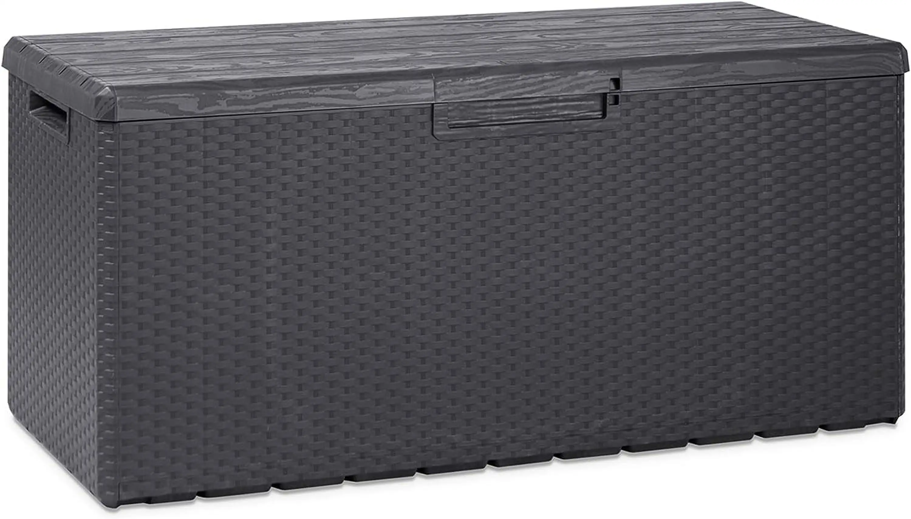 Large 90 Gallon Plastic Outdoor Storage Backyard Deck Box. with Lockable Lid. Seat Weight Capacity 450 Pounds. Gray