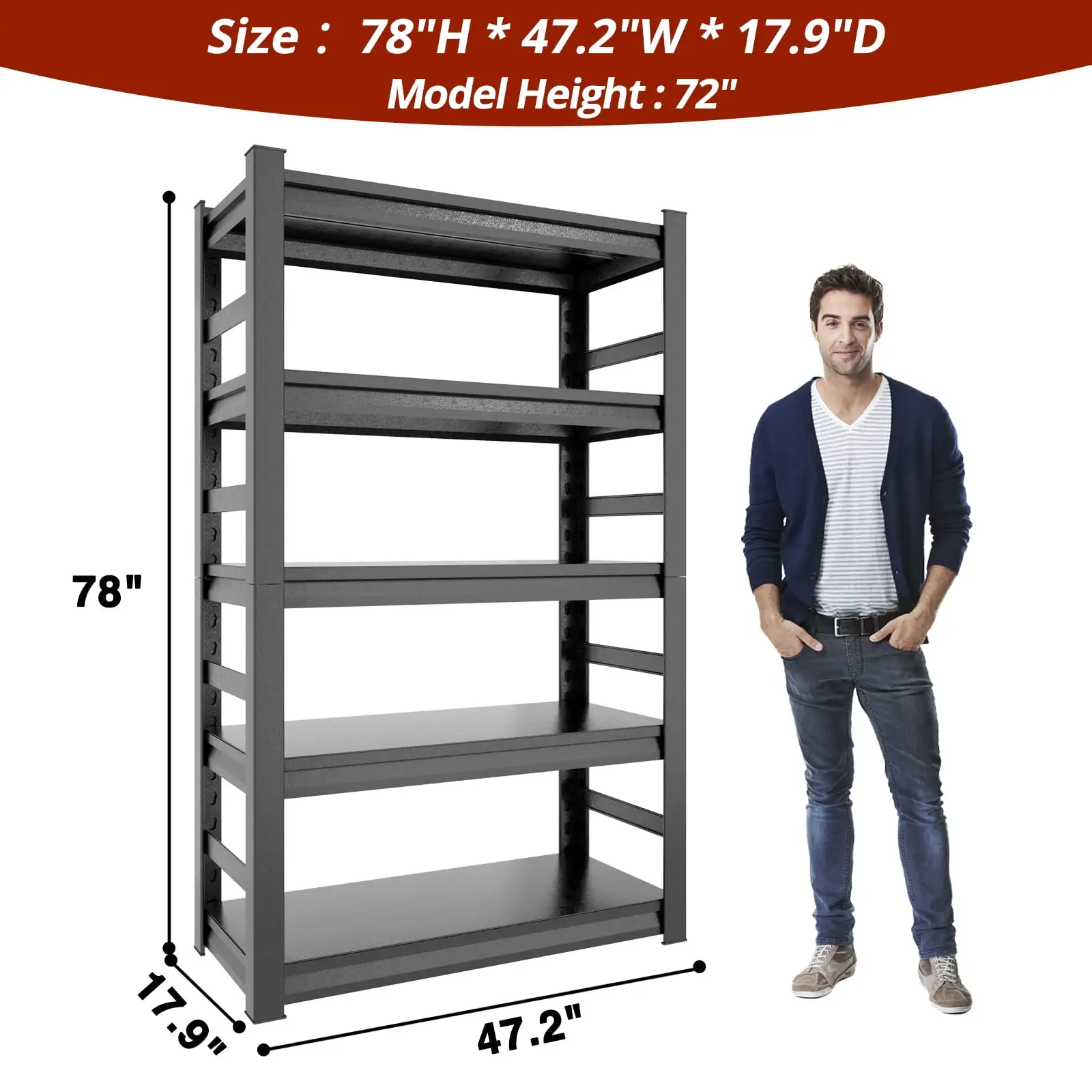 Leariso Heavy Duty Shelving. 5 Tier Adjustable Metal Dividers. 2500 lb. Weight Capacity. Heavy Duty Storage Shelving for Garage. Tool Room. 78 H* 47.2 W* 18 D