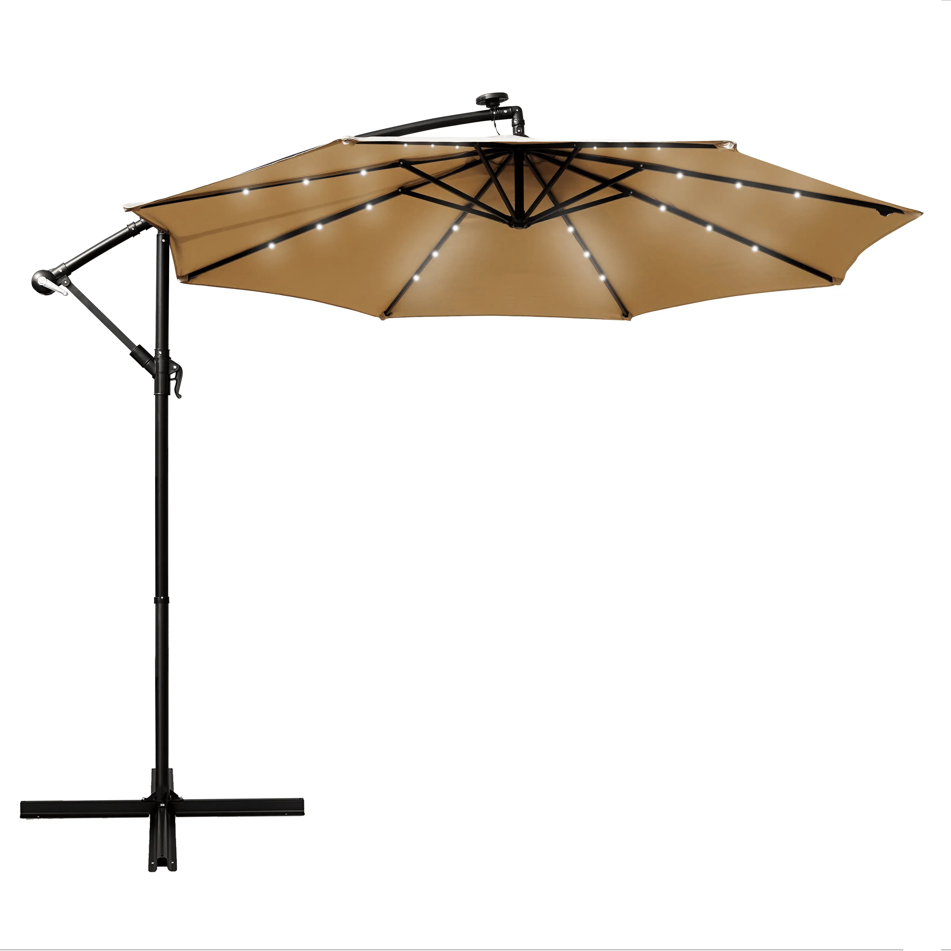 LeisureMod Willry 10 Ft Metal Cantilever Umbrella With Solar Powered LED Beige