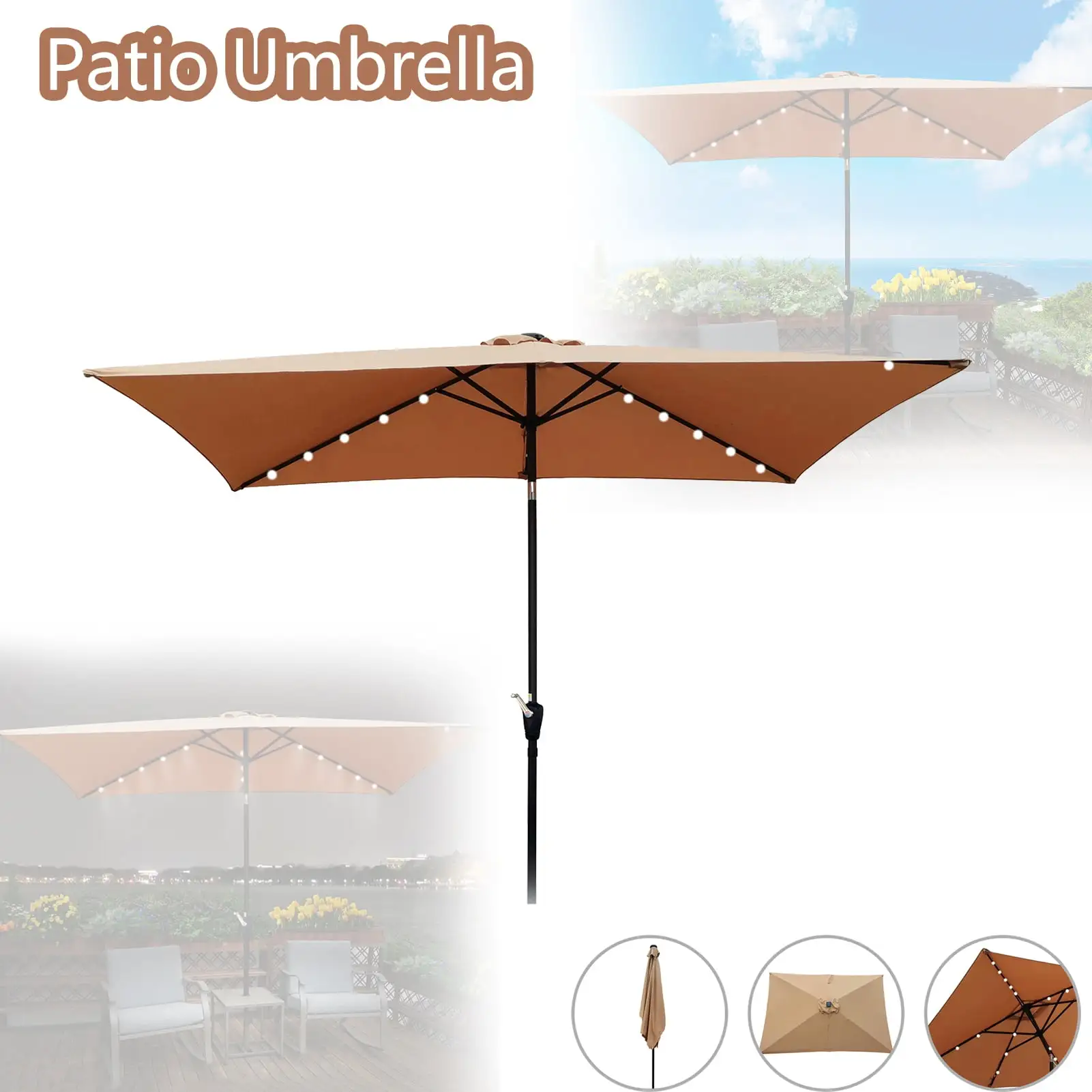 Limorve Patio Umbrella .with 26 built-in LED lights.6 sturdy heavy duty square ribs UV Protection Metal Rectangular Market Umbrella for Outdoor