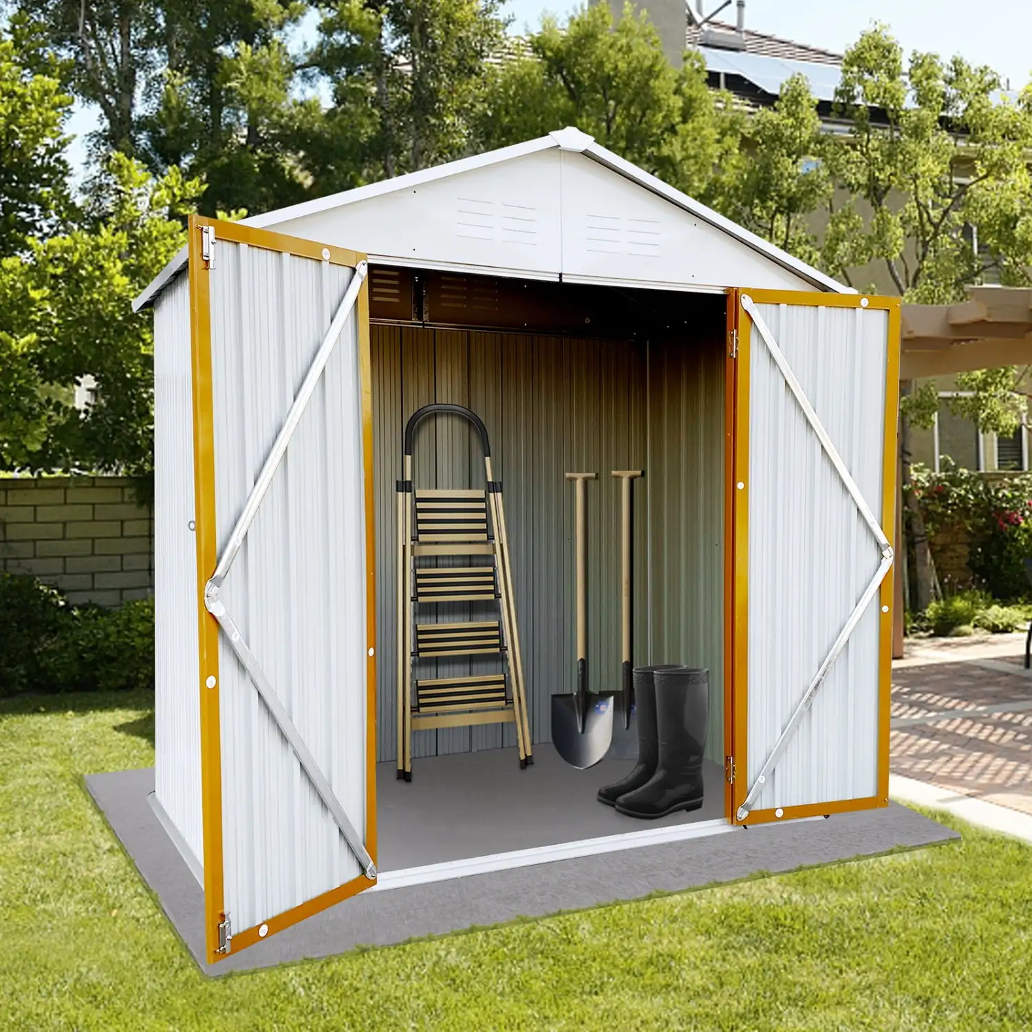 LoLado 4x6 FT Outdoor Metal Storage Sheds with Apex Roof. Single-Storey Waterproof Roofed Structure Garden Shed with Lockable Doors. for Lawn Equipment Tool Sundries. White+Yellow