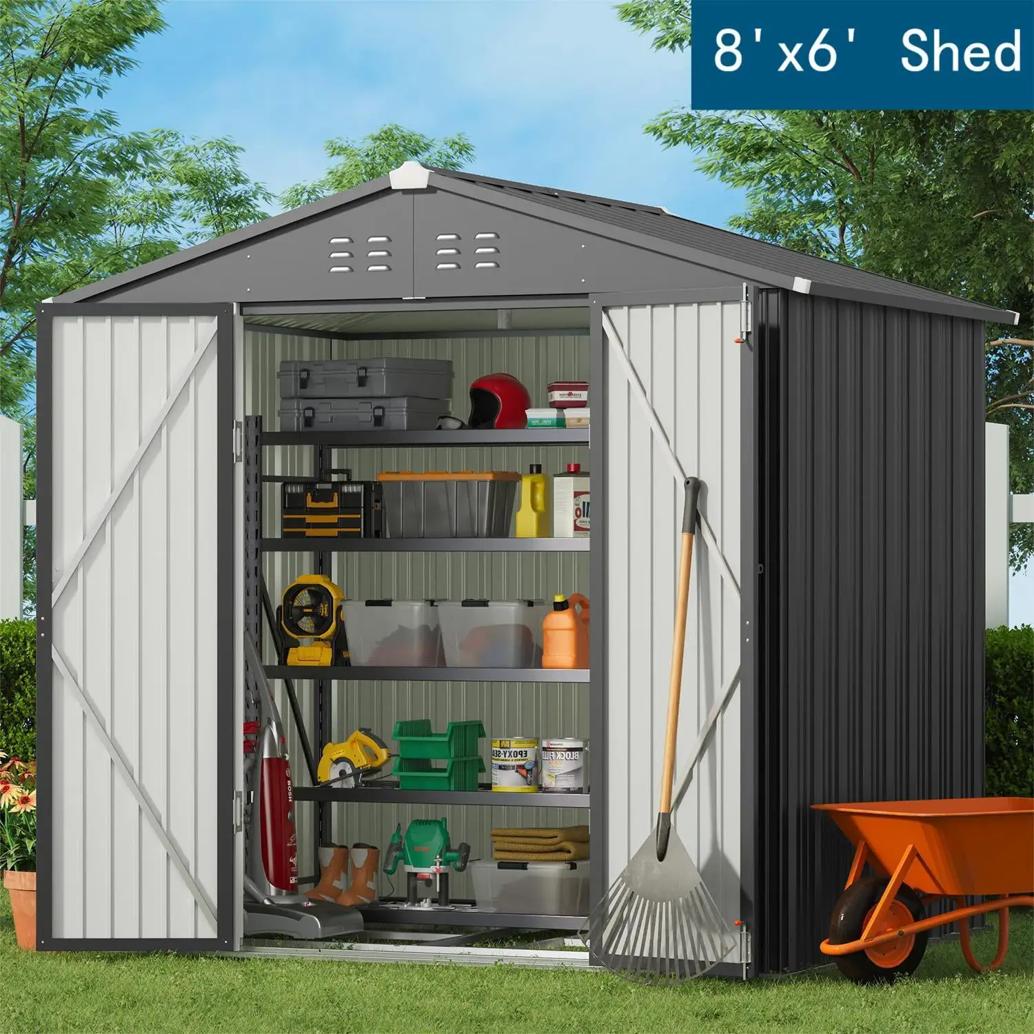 Lofka 8ft x 6ft Metal Garden Shed for Outdoor Storage.Gray