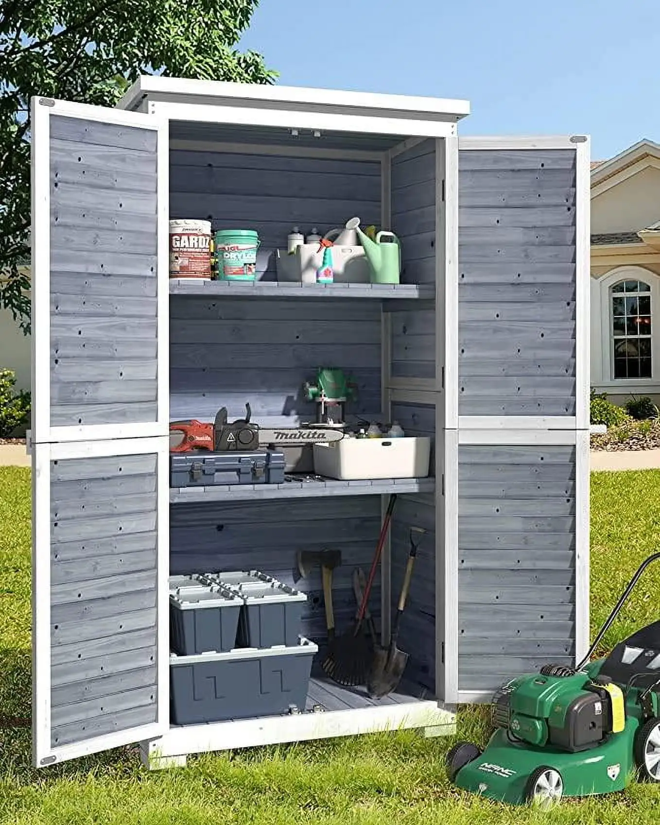 Lofka Outdoor Storage Cabinet. 63in Wooden Garden Tools Shed with 2 Lockable Doors. Waterproof Roof for Yard Garge Patio Deck Porch. Gray