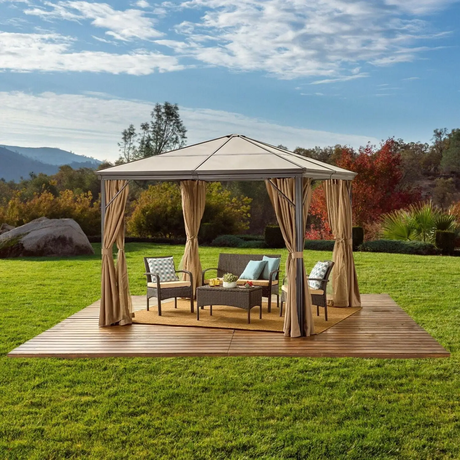 Luxurious and Elegant Aruba Aluminum Outdoor Gazebo Canopy - 10 x 10 Ft. with Mosquito Netting and Curtains for Entertaining and Relaxing in Style under the Stars - Ideal for Hosting and