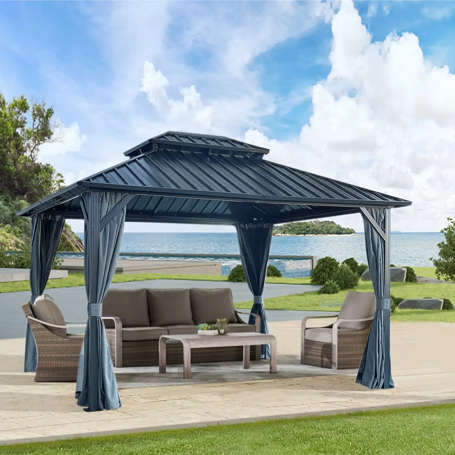 Luxurious Outdoor Hardtop Double Roof 10x12ft Gazebo Canopy with Netting and Curtains | 2-Tier Durable Galvanized Iron Aluminum Frame Garden Tent | Ideal for Patio Backyard Deck and La