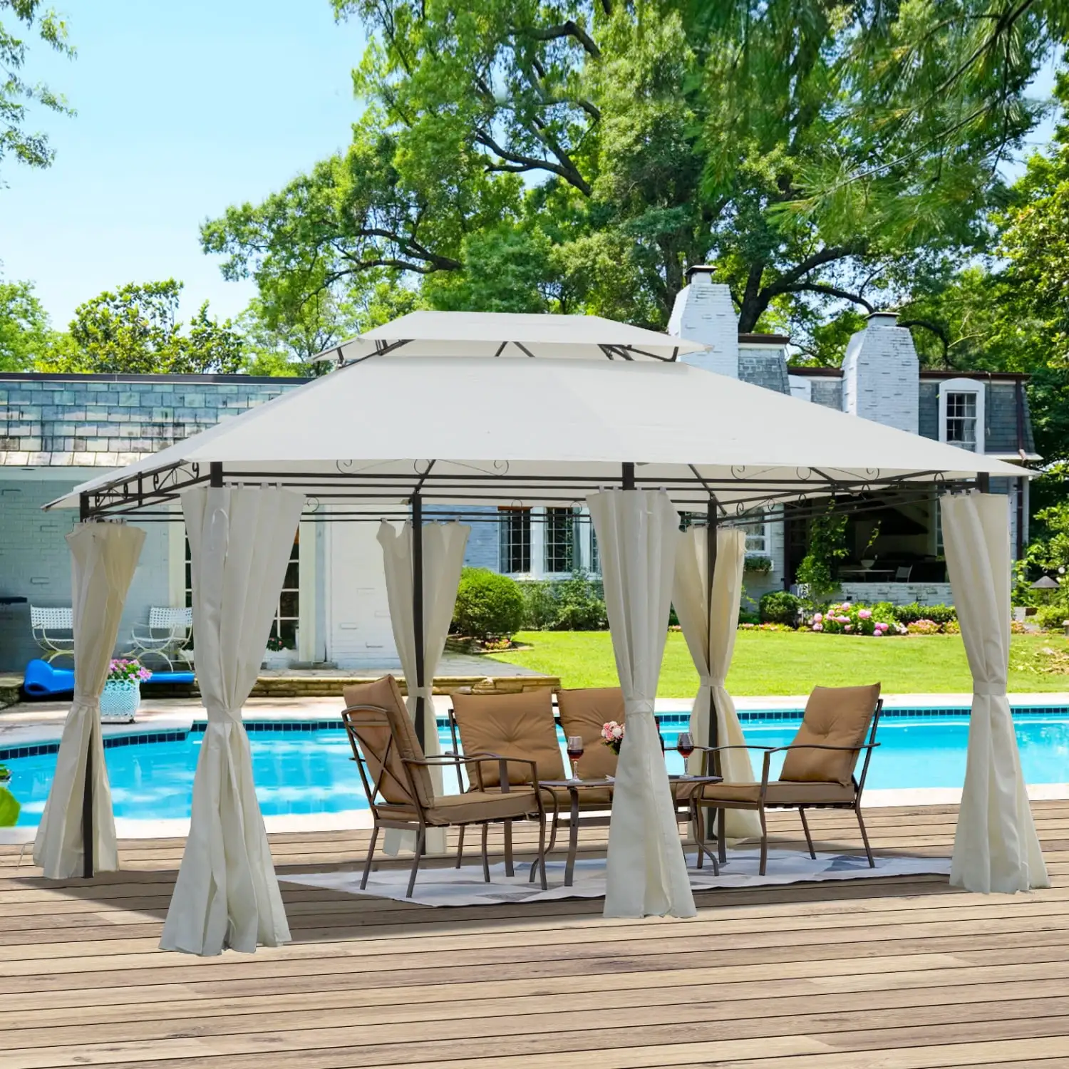 Luxurious and stylish outdoor patio gazebo canopy tent for bug-free relaxation featuring a ventilated double roof detachable mesh screen and elegant coffee top. Perfect for your lawn