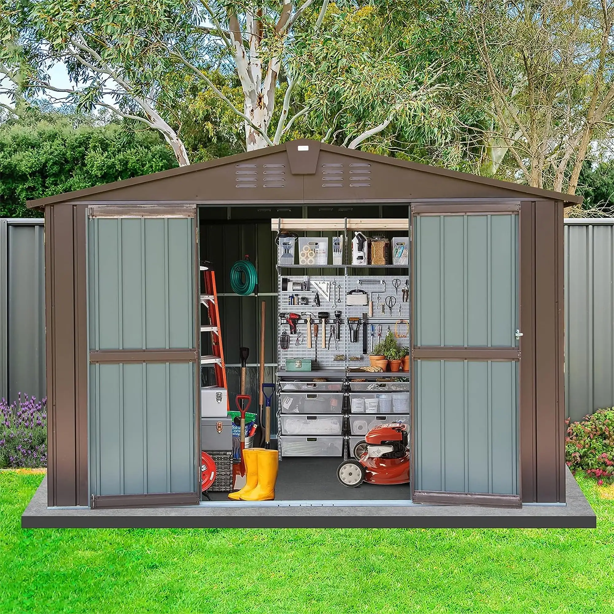 M optimized 10'x8' Outdoor Storage Shed with Push-pull Double Door Sloping Roof 32 Air Vents Metal Garden Tool Storage Room for Lawn Patio Backyard