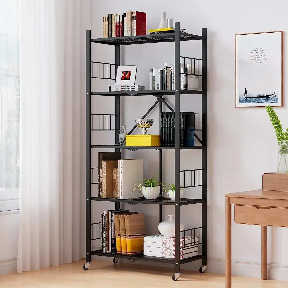 MOLYHOM Folding Storage Shelves. 5-Tier Metal Collapsible Shelves with Wheels. Shelving Units and Storage Rack. Rolling Shelf No Assembly