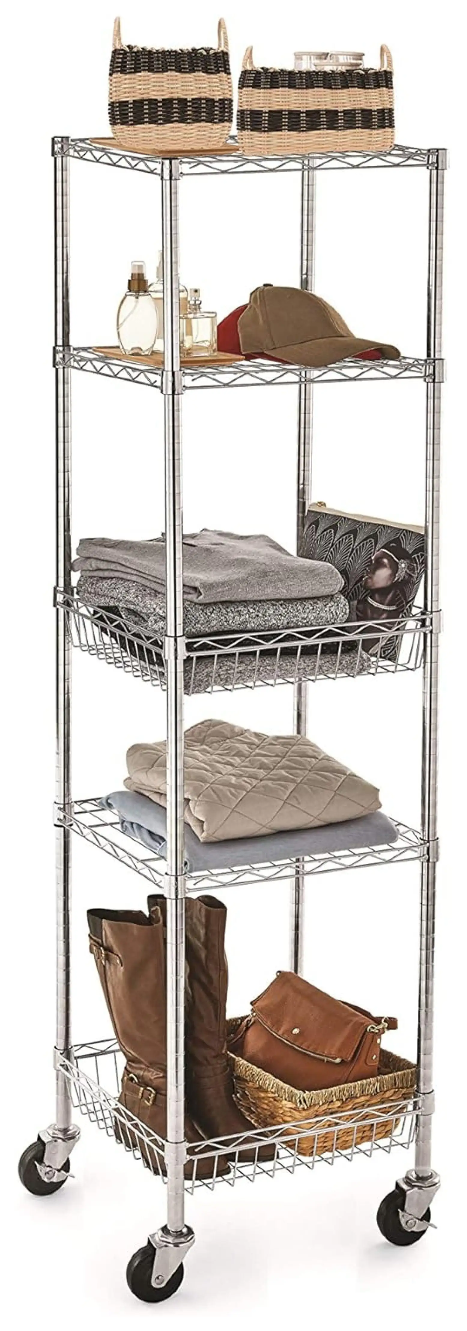 MOWENTA HSS 5 Tier Wire Shelving Tower with Casters. 16 inch x16 inch x53.7 inch H. Chrome