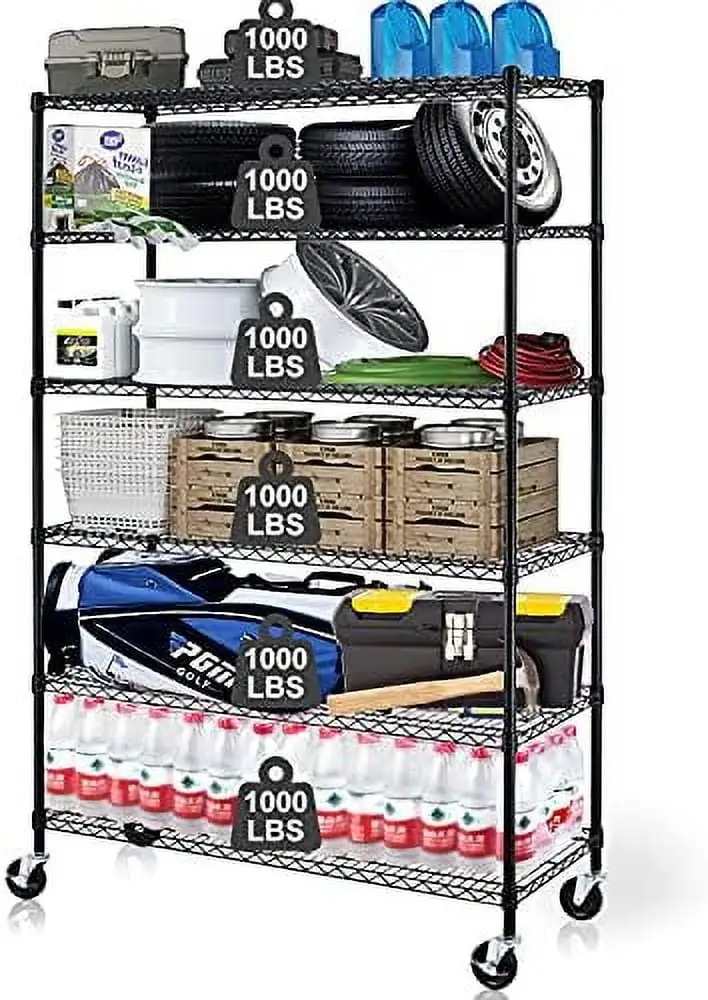 MQLIFEBOOM Metal Shelves Garage Shelving Wire Shelving Unit with Wheels 6000lbs Weight Capacity Heavy Duty NSF Height Adjustable Shelves 6 Tier Steel Commercial Grade Wire Rack Black