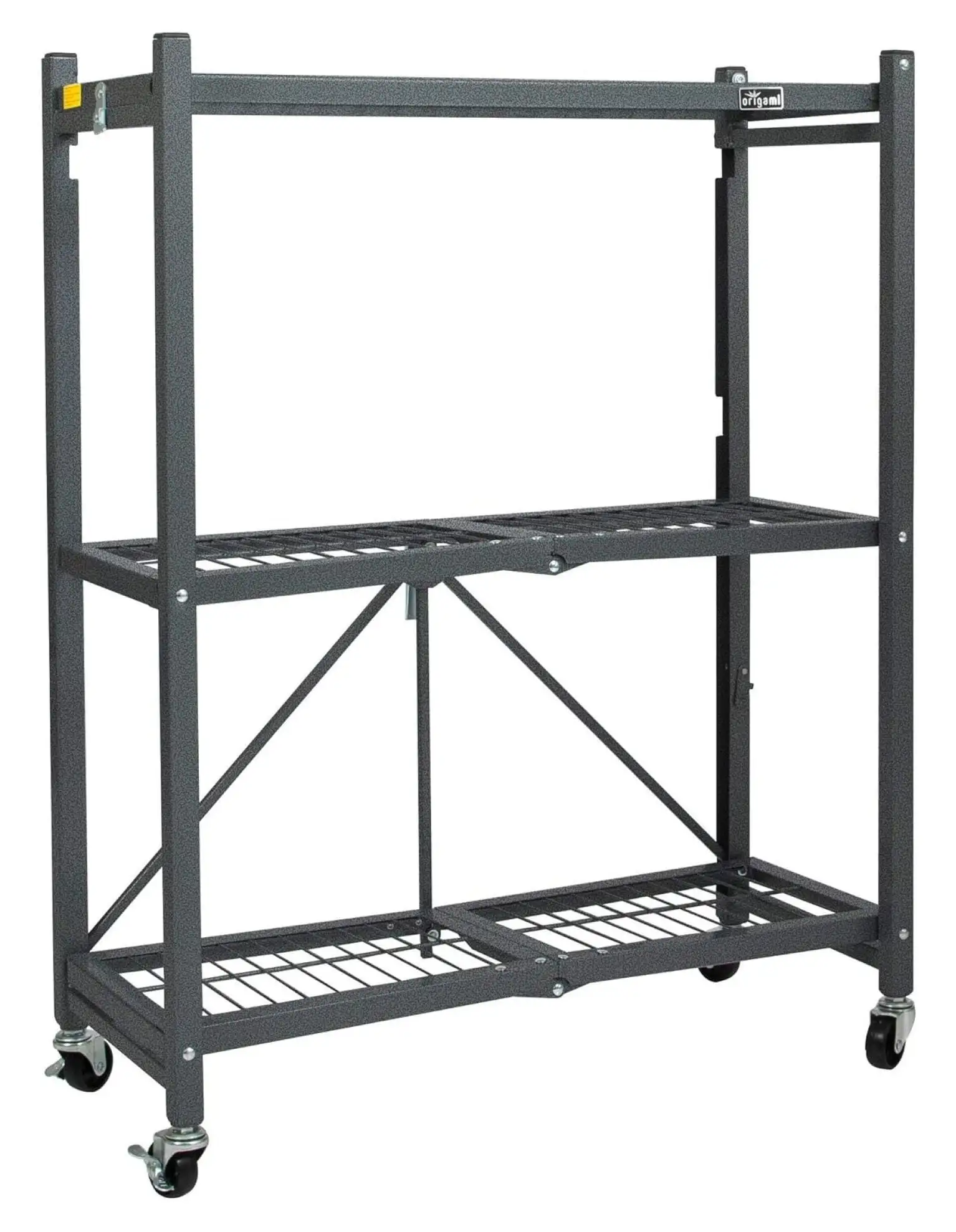 MYXIO 3 Shelf Foldable Storage Unit on 3 Caster Wheels. Unfolds in 5 Seconds. Holds up to 750 Pounds. Metal Organizer Wire Rack. 29 x 13 x 38. Heavy-Duty - Pewter