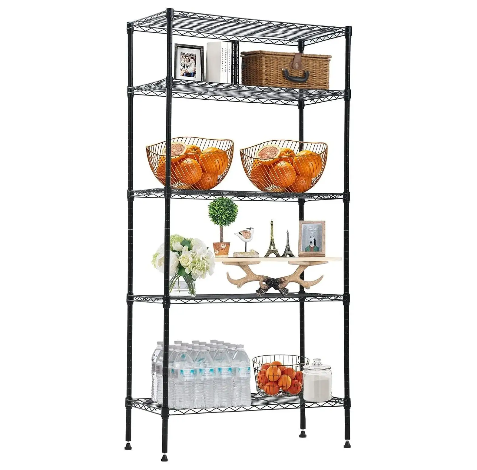 MYXIO 5 Tier Wire Shelving Unit. Heavy Duty Storage Unit Metal Organizer Rack. Height Adjustable Shelf Standing with Wheels for Kitchen Bathroom Garage.14'' D x 24'' W x 60'' H. Black