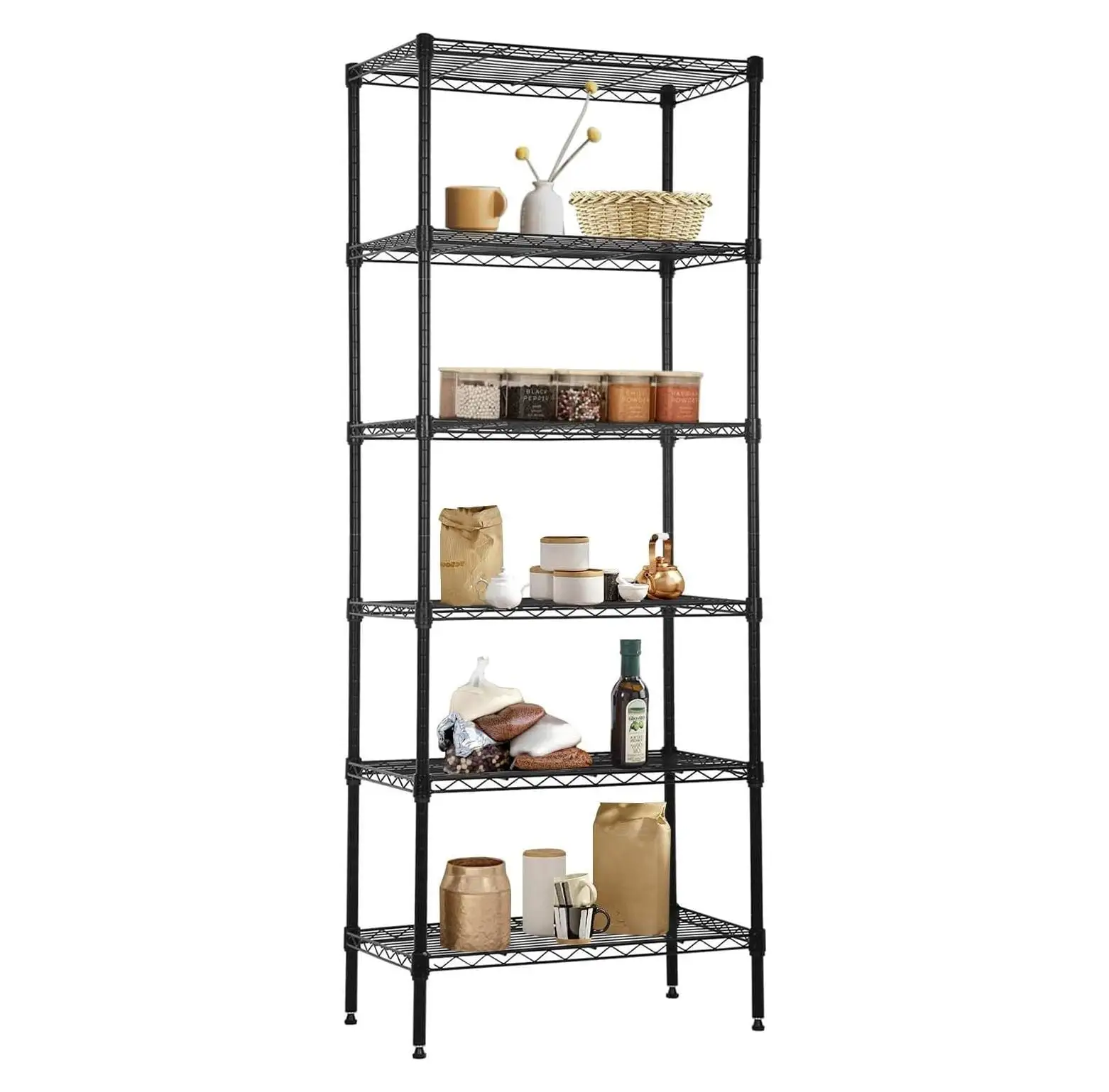 MYXIO 6-Tier Wire Shelving Unit Detachable Storage Shelves with 8 Adjustable Feet 59 H x 23 x 14 Kitchen Storage Rack Adjustable Metal Shelf for Pantry Closet. 900LB Capacity. Black