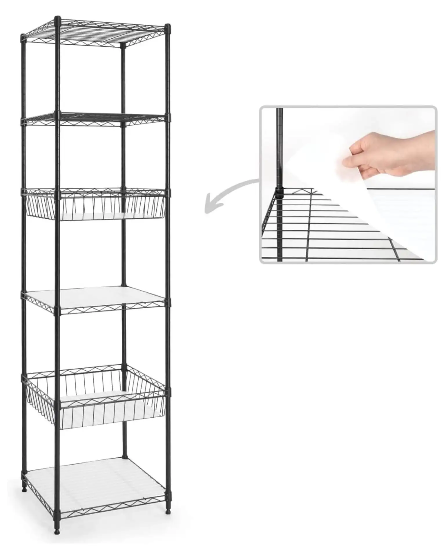 MYXIO NSF Adjustable Height 6 Tier Wire Shelving Unit w/Basket & Liner. Storage Rack Corner Shelves. Metal Storage Rack for Kitchen. Bathroom. Laundry Closet. Wire Shelving w/Basket Shelves Black