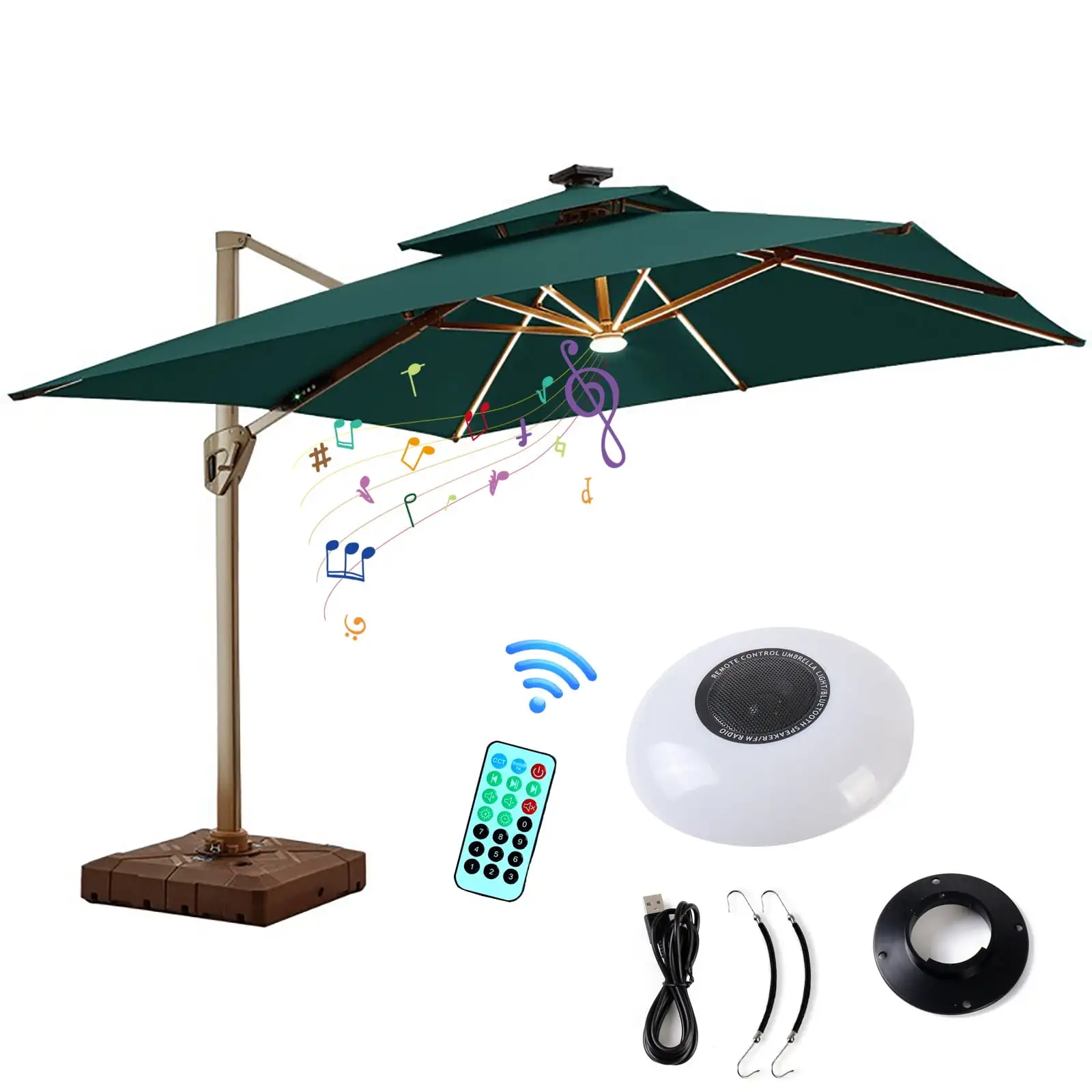 MagicXflow Deep Square Solar Powered LED Lighted Patio Umbrella w/Faux Wood Texture. UV-Resistant Fabric. Hand Crank