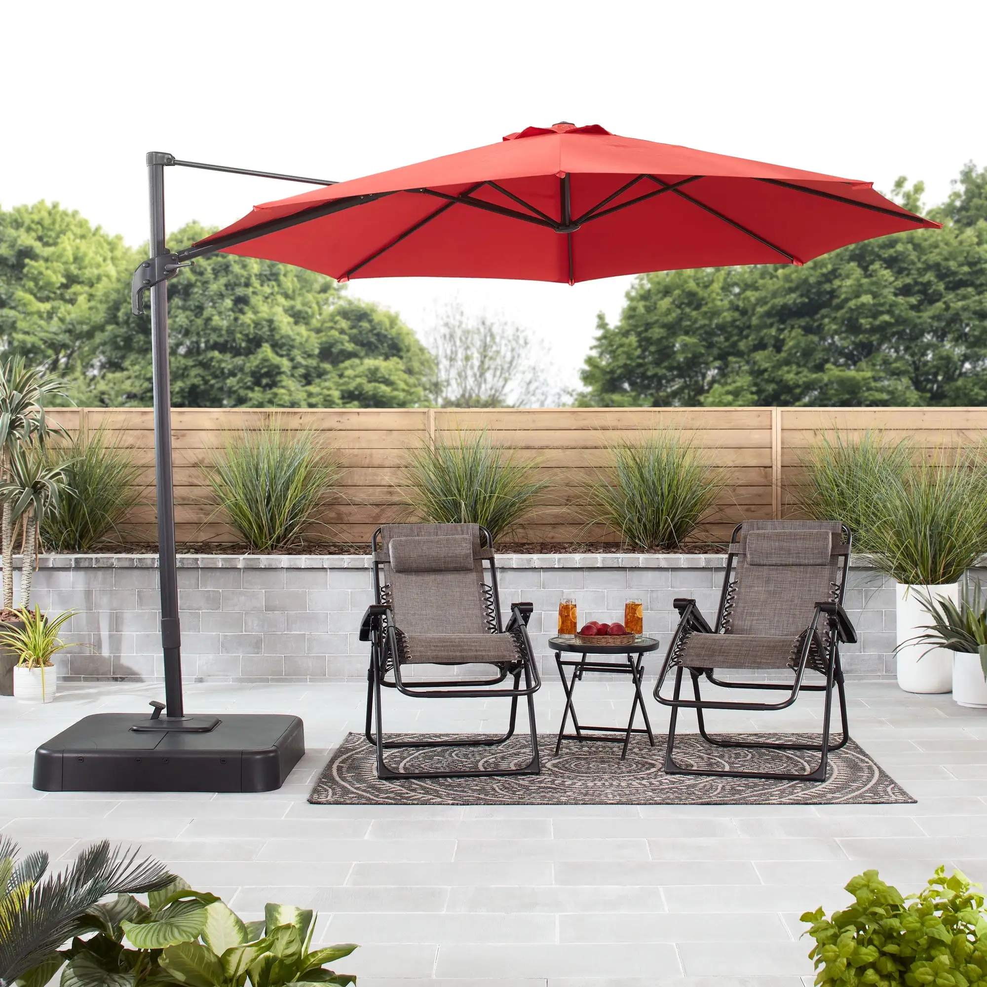 Mainstays 10' Red Octagon Outdoor Tilting Cantilever Offset Patio Umbrella with Weighted Base and 360 Degree Rotation