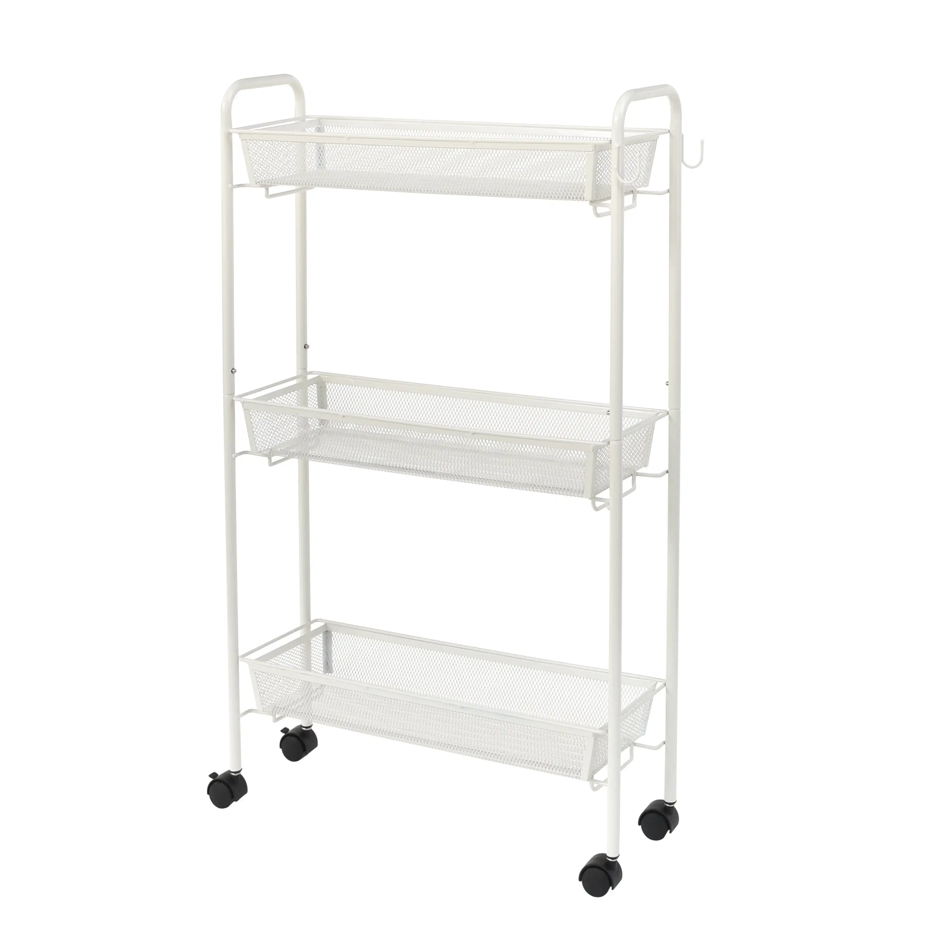 Mainstays Slim 3-Shelf Rolling Bathroom Organization Cart with 2 Hooks. White