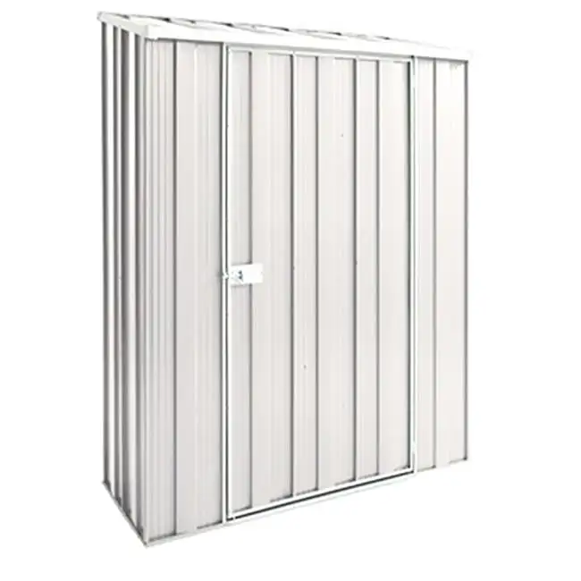 Medium Silver Metal Storage Shed for Garden and Backyard Width: 5' 7'. Depth: 2' 5.4'. Height: Rear 6' 5.5'. Front 5' 11'. Door Width: 3' 2