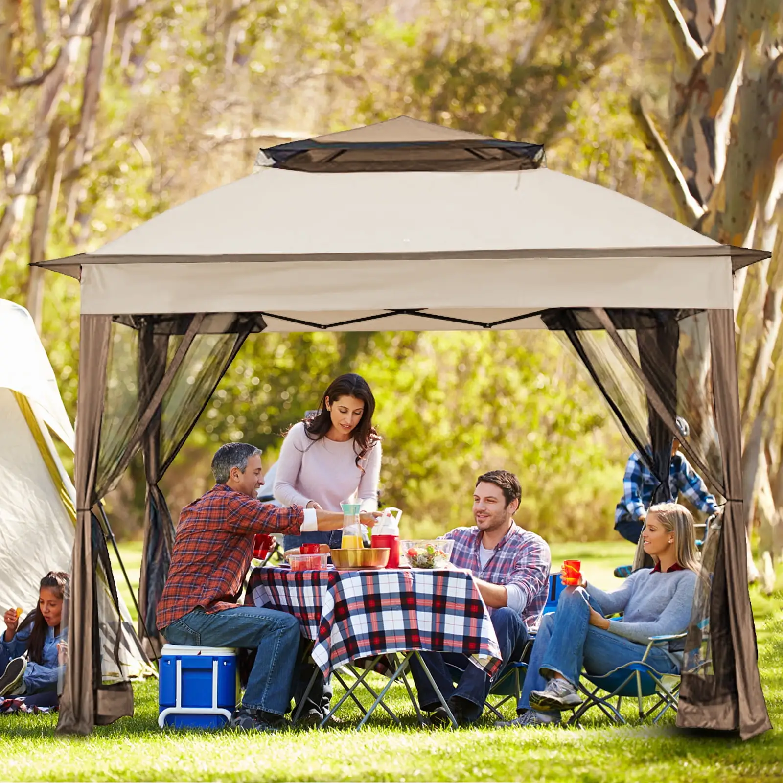 MeetLeisure 11 ft. x 11 ft. Beige Steel Pop-up Gazebo with Mosquito Netting