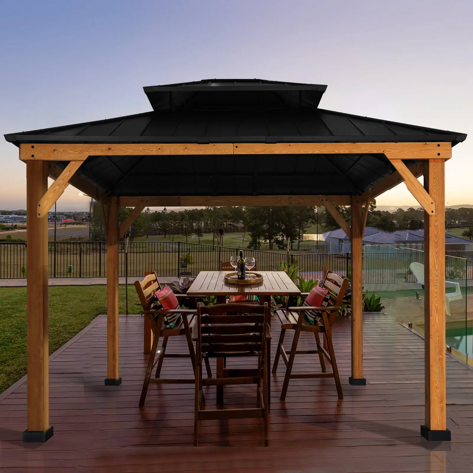 MeetLeisure 13 ft. x 11 ft. Wood Gazebo with Mosquito Netting Double Steel Roof Hardtop