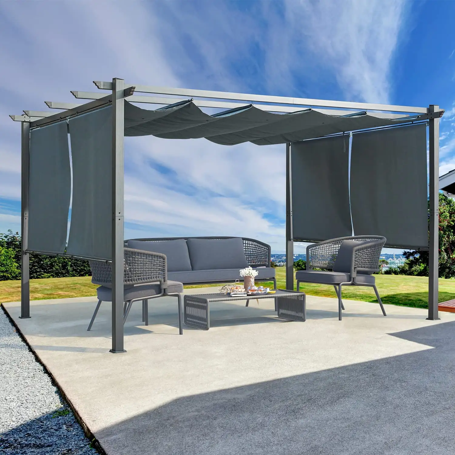 Mellcom 10' x 13' Outdoor Patio Pergola Gazebo with Retractable Canopy Roof.Gray