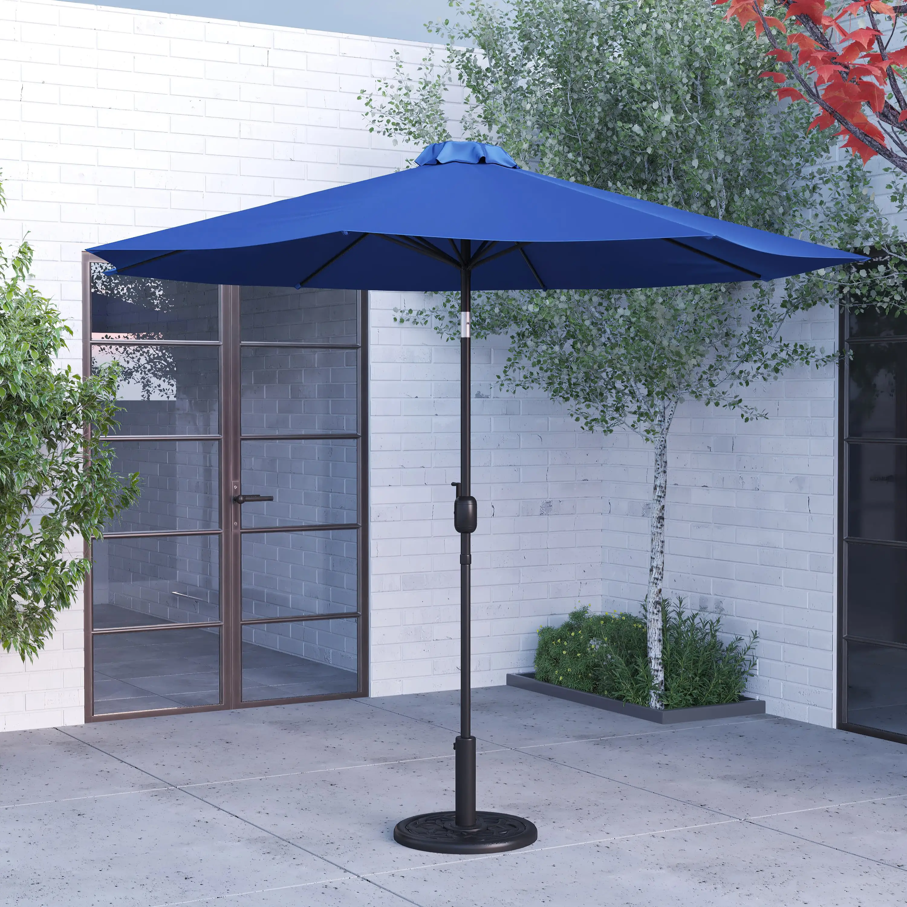 Merrick Lane Bali Patio Umbrella with Base - 9' Navy Polyester Patio Umbrella - 30+ UV Protection - Waterproof Black Cement Base with 1.5 Diameter Aluminum Pole